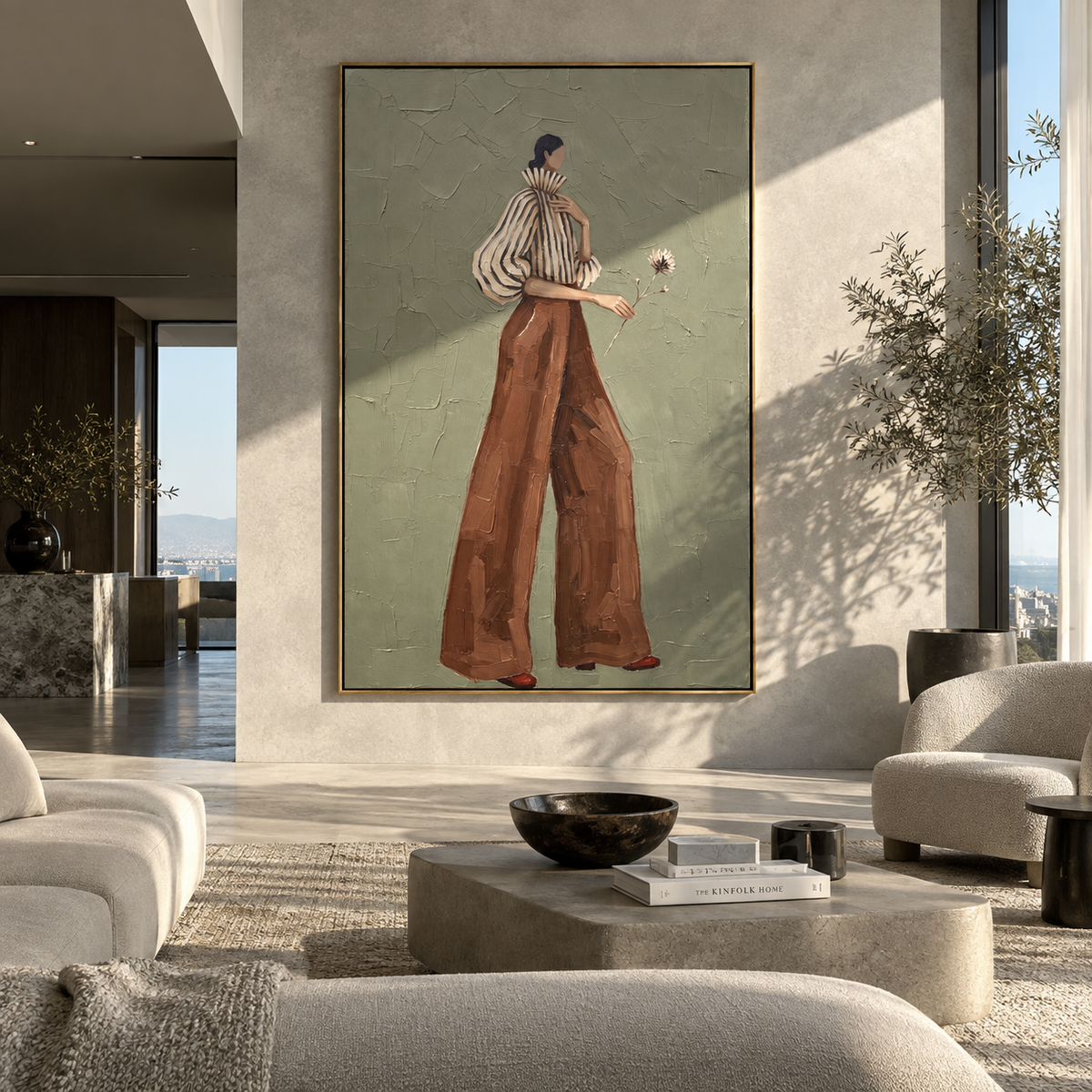 Wildflower Through Sage – textured woman artwork shown in an alternate modern room