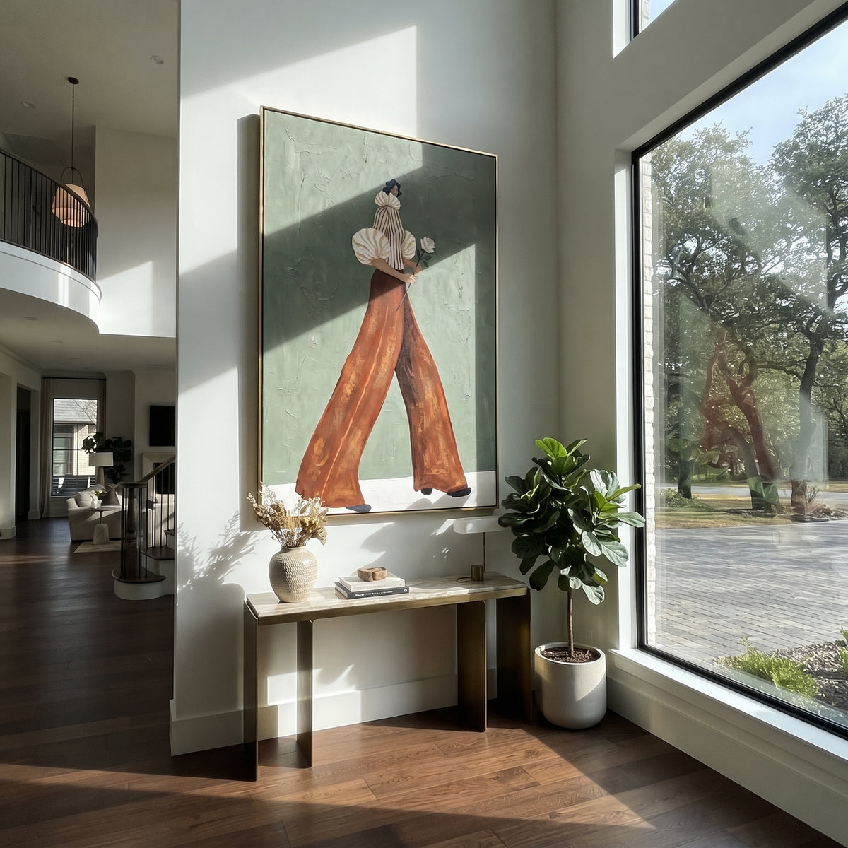 White Bloom in Motion – retro woman painting displayed in a styled contemporary interior