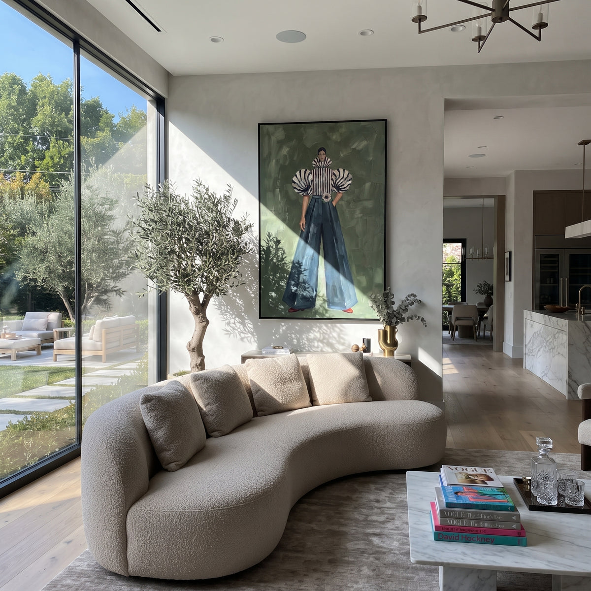 Striped Poise in Teal – vertical fashion wall art styled with contemporary furnishings