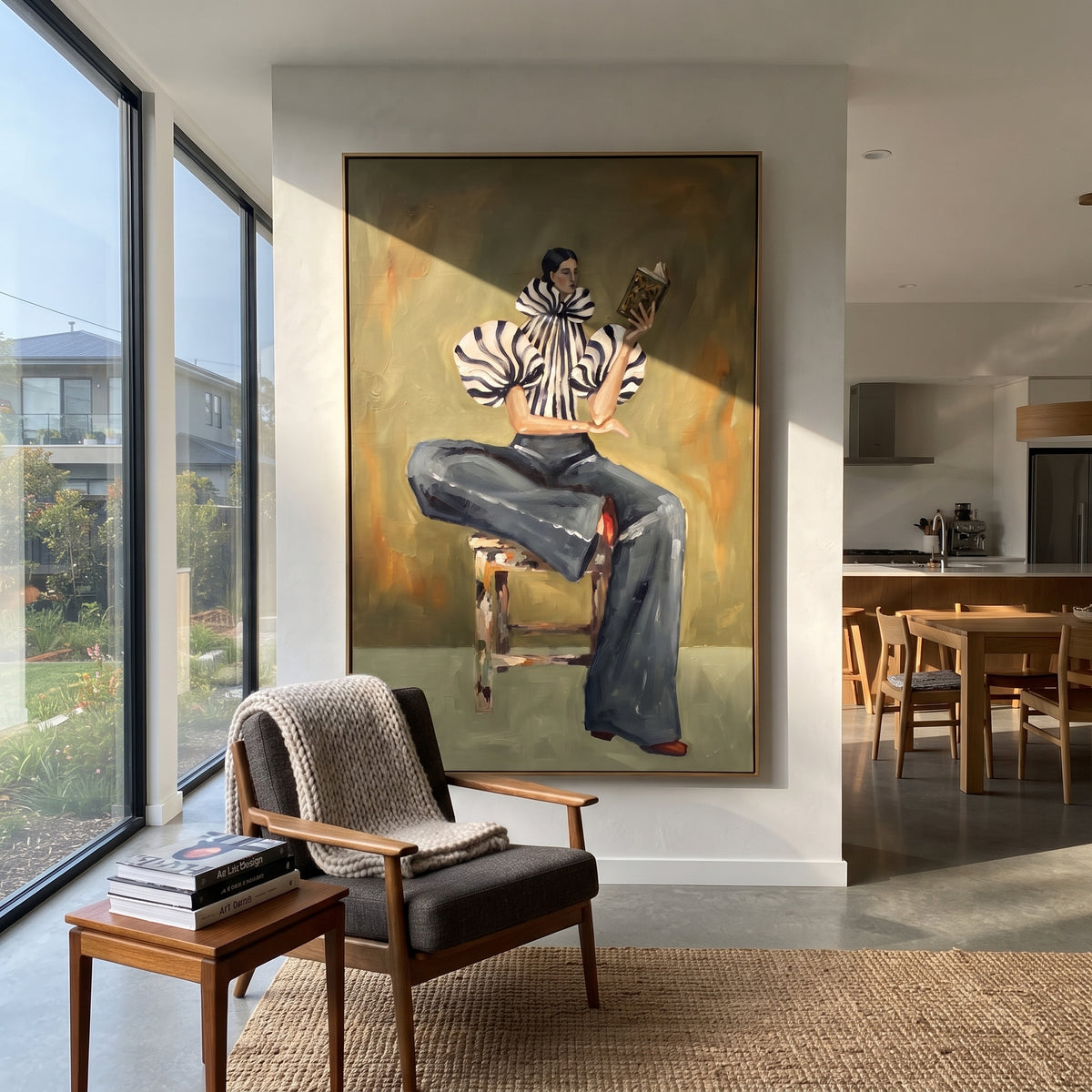 Pages Beneath Olive Light – retro woman painting displayed in a styled contemporary interior