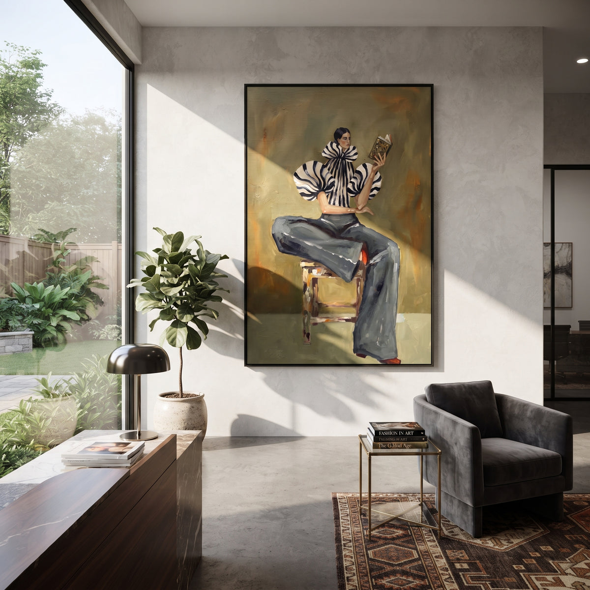 Pages Beneath Olive Light – vertical fashion wall art styled with contemporary furnishings