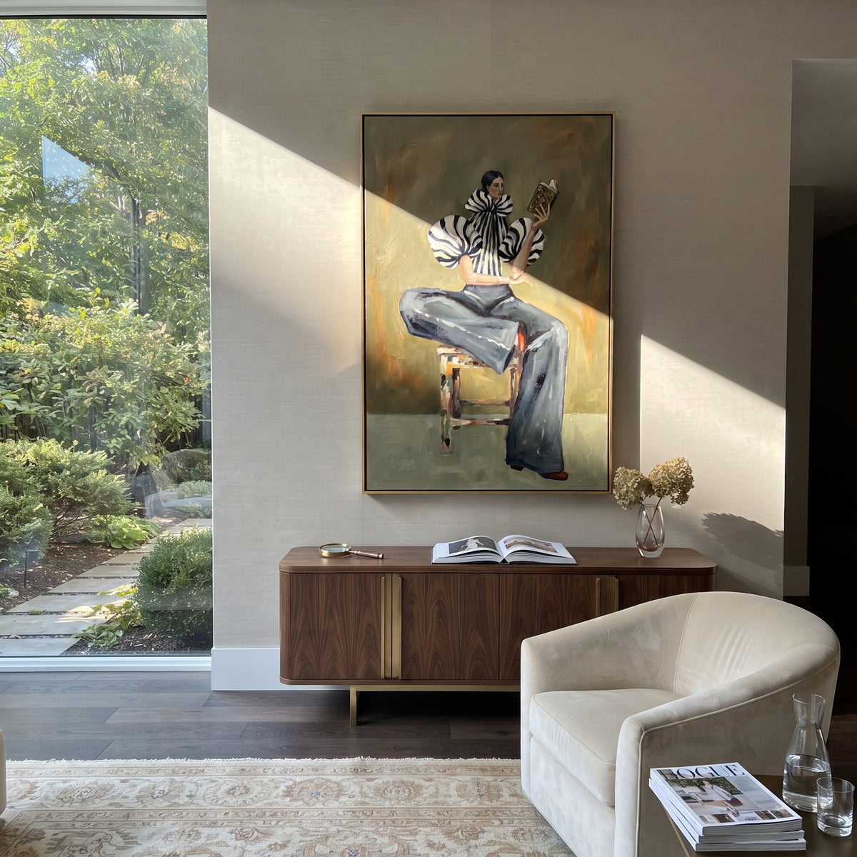 Pages Beneath Olive Light – mid-century woman painting displayed in a refined interior