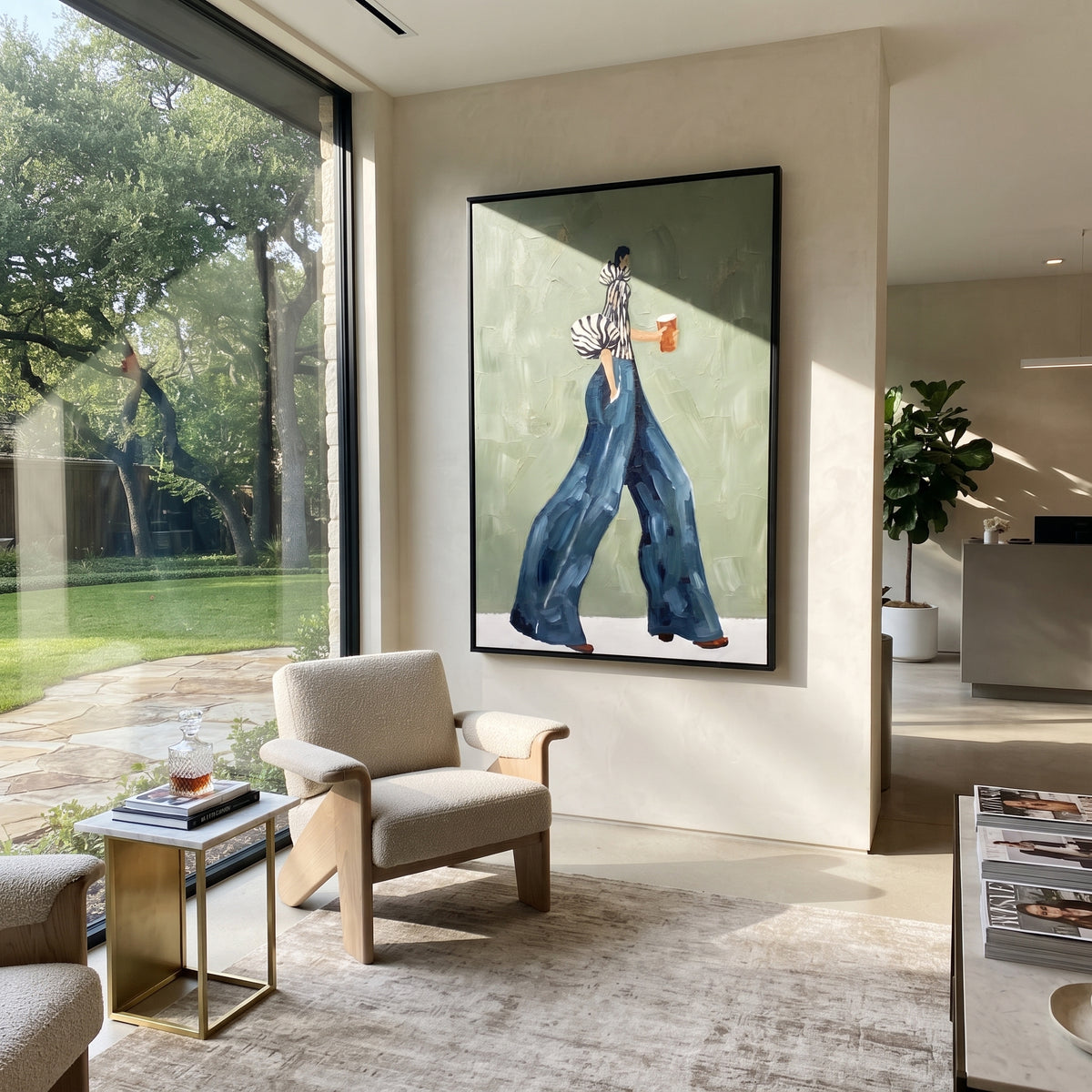 Coffee Across Quiet Sage – vertical fashion wall art styled with contemporary furnishings