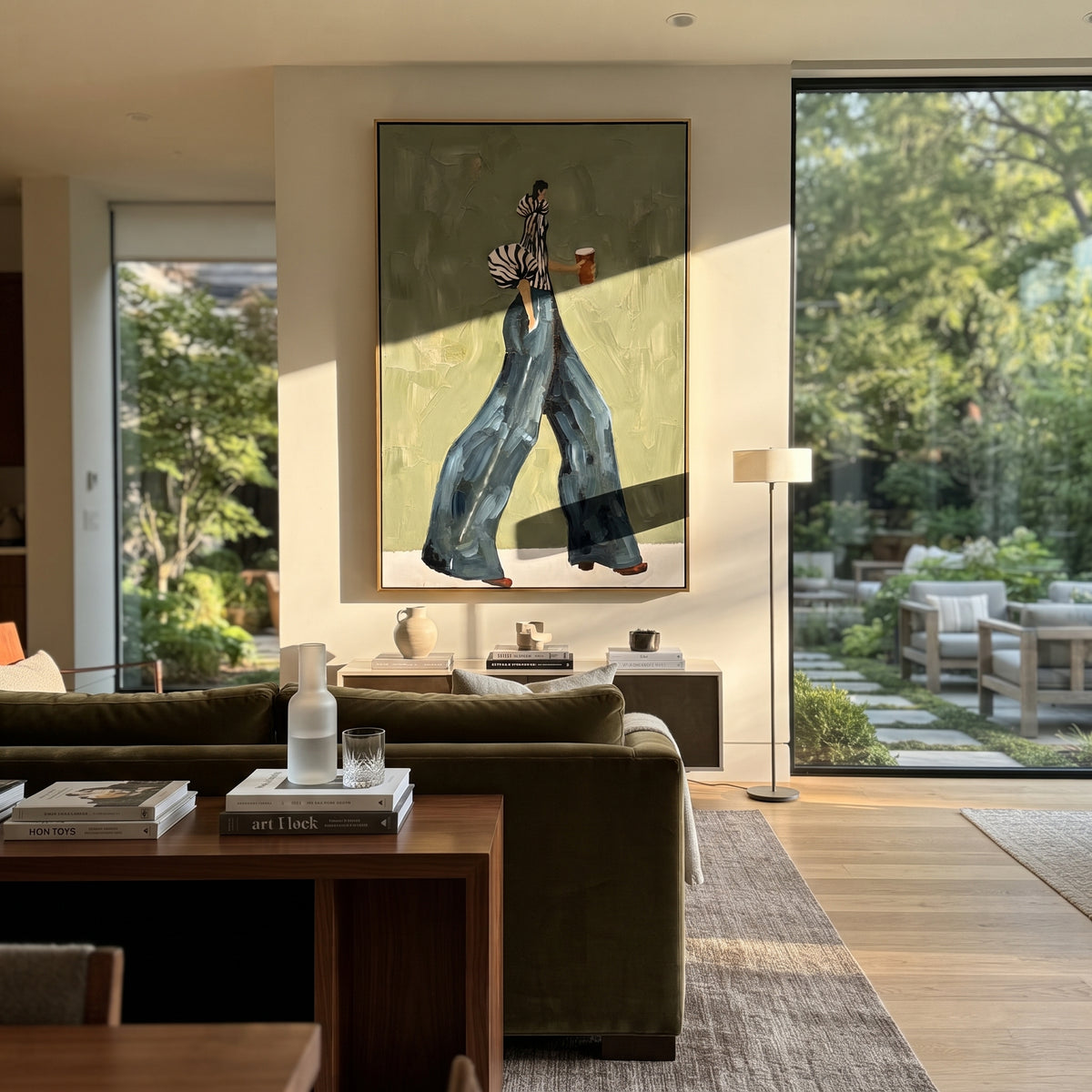 Coffee Across Quiet Sage – textured vertical portrait presented in a coordinated room