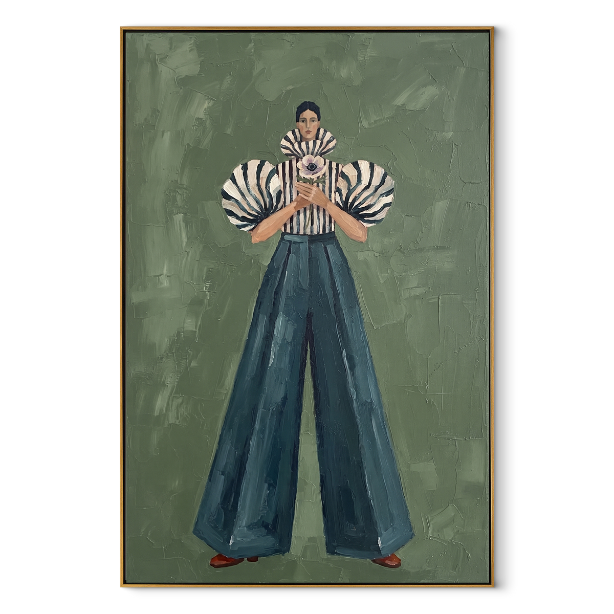 Bloom Held at Heart – vertical fashion painting in a wood frame on white