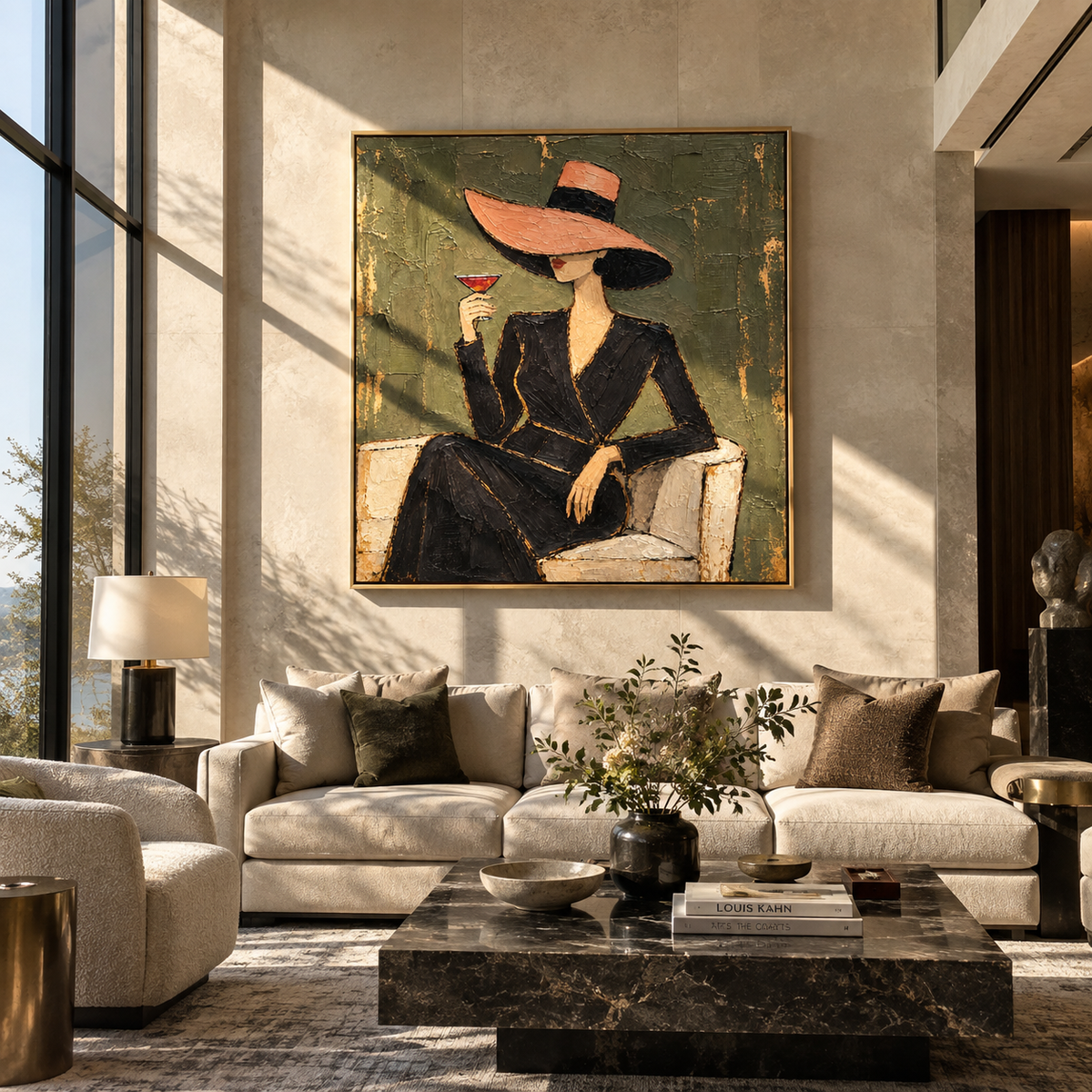 Rose Brim Before Midnight textured wall art shown above contemporary furnishings