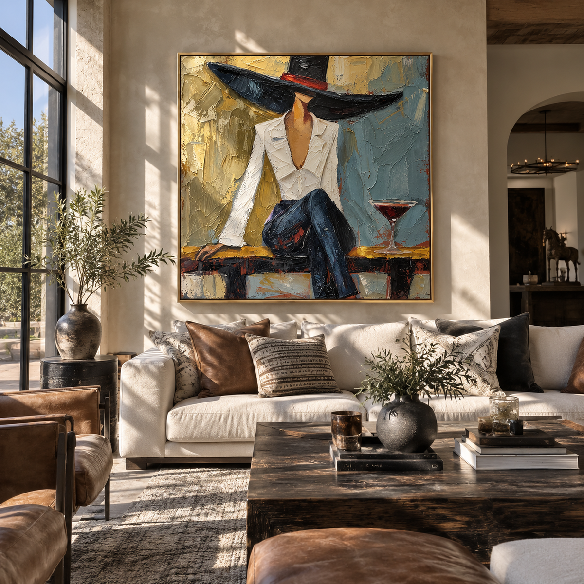 Ivory Jacket Black Brim textured wall art shown above contemporary furnishings