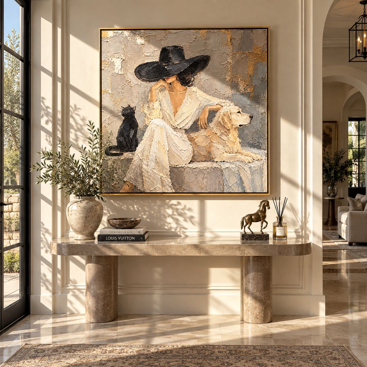 Quiet Company in Ivory woman with cat and dog painting displayed in a modern interior