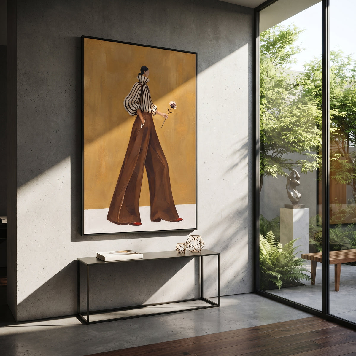Flower Behind Her Stride fashion wall art shown above contemporary furnishings