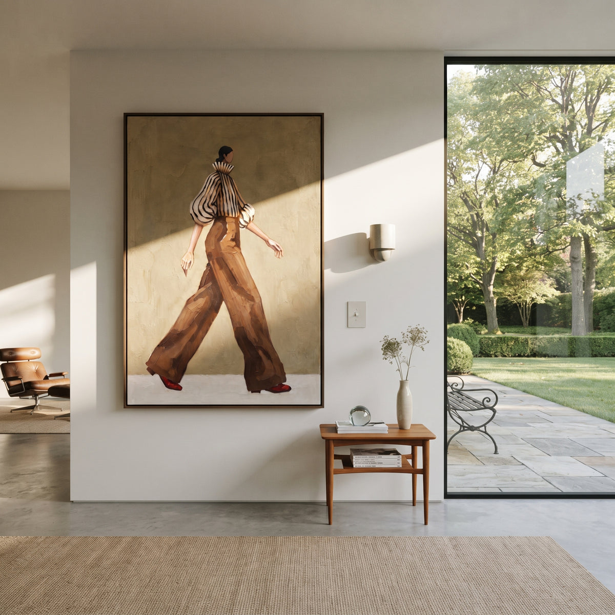 Brown Trousers in Motion striped walking woman painting displayed in a modern interior