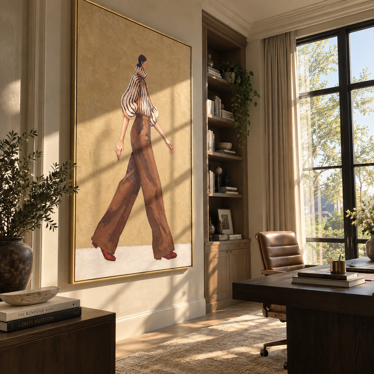 Brown Trousers in Motion vertical painting styled as a refined focal point