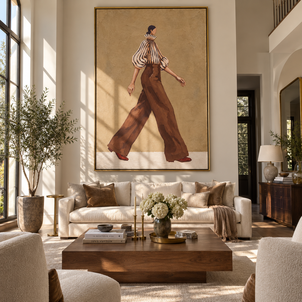 Brown Trousers in Motion displayed with natural materials and modern decor