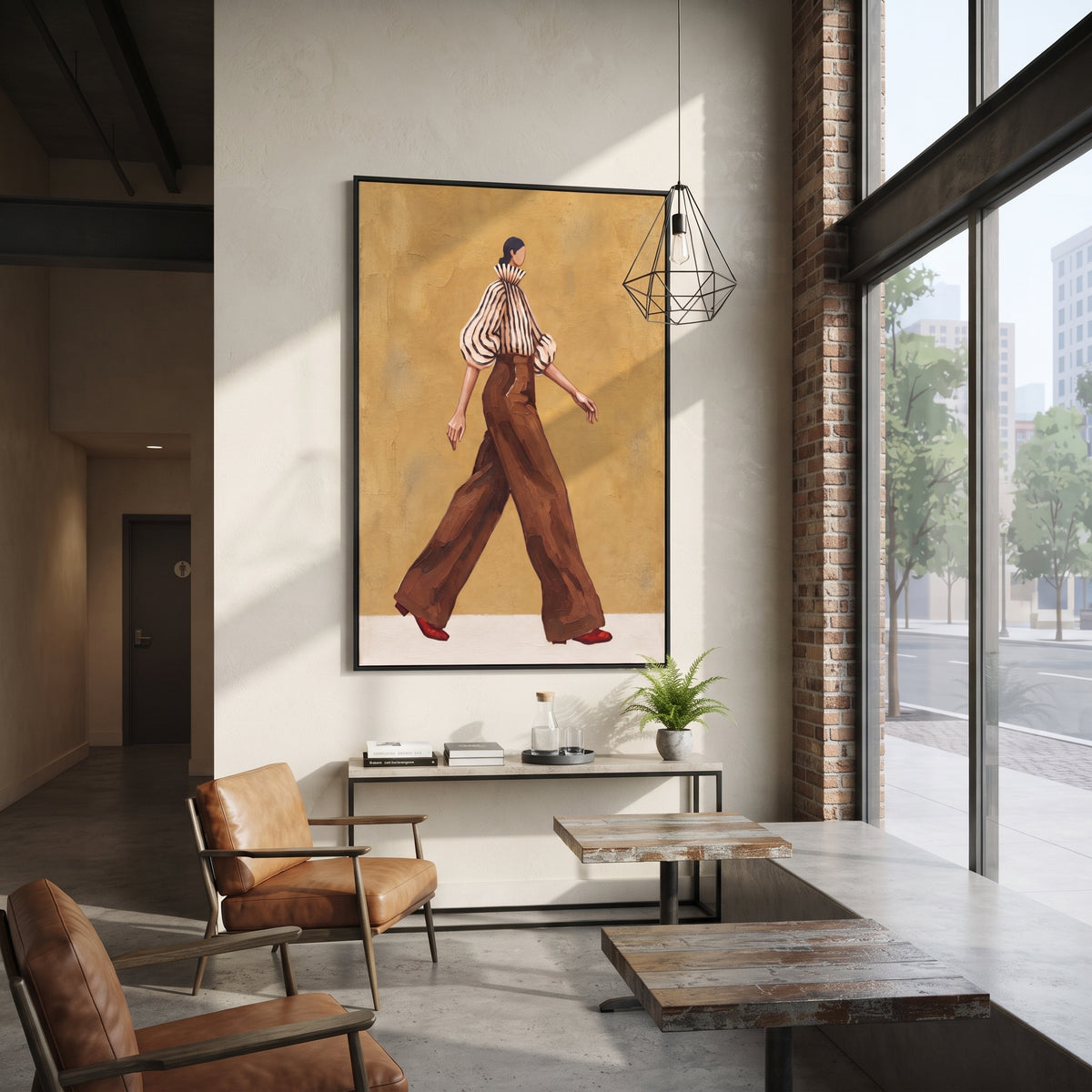 Ochre Walk Red Heels fashion wall art shown above contemporary furnishings