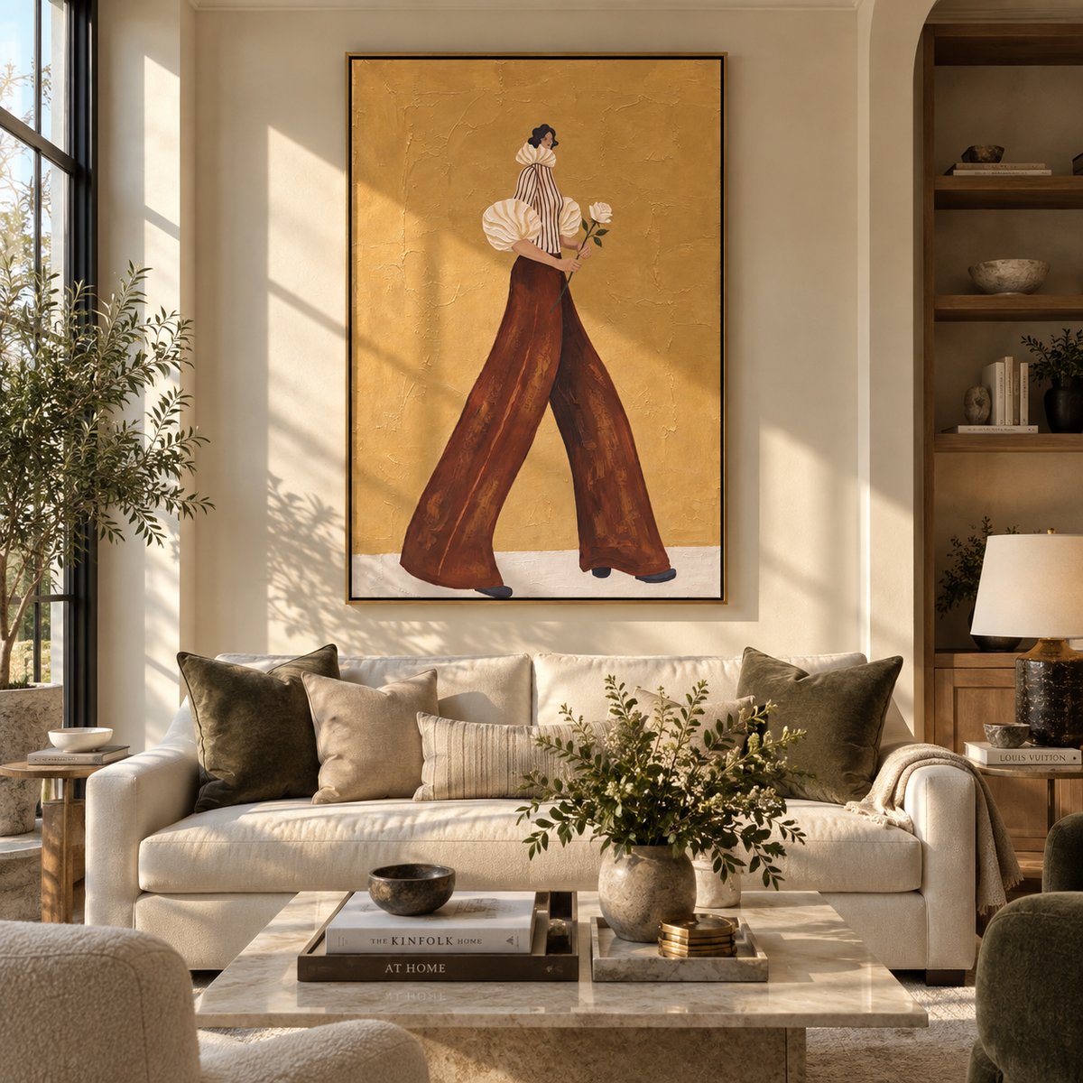 White Blooms Brown Trousers woman with white flowers painting displayed in a modern interior