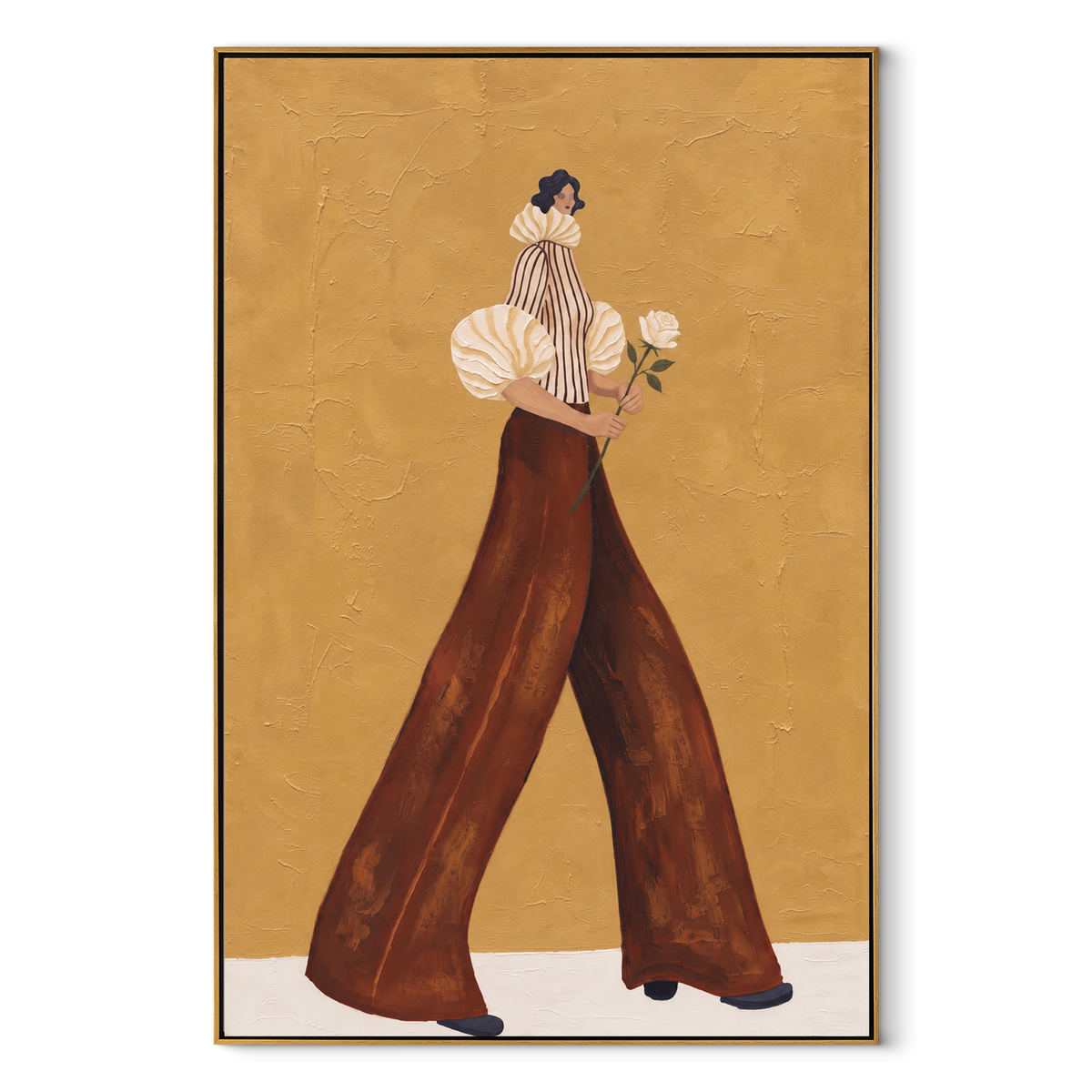 White Blooms Brown Trousers vertical canvas artwork in a wood frame on white