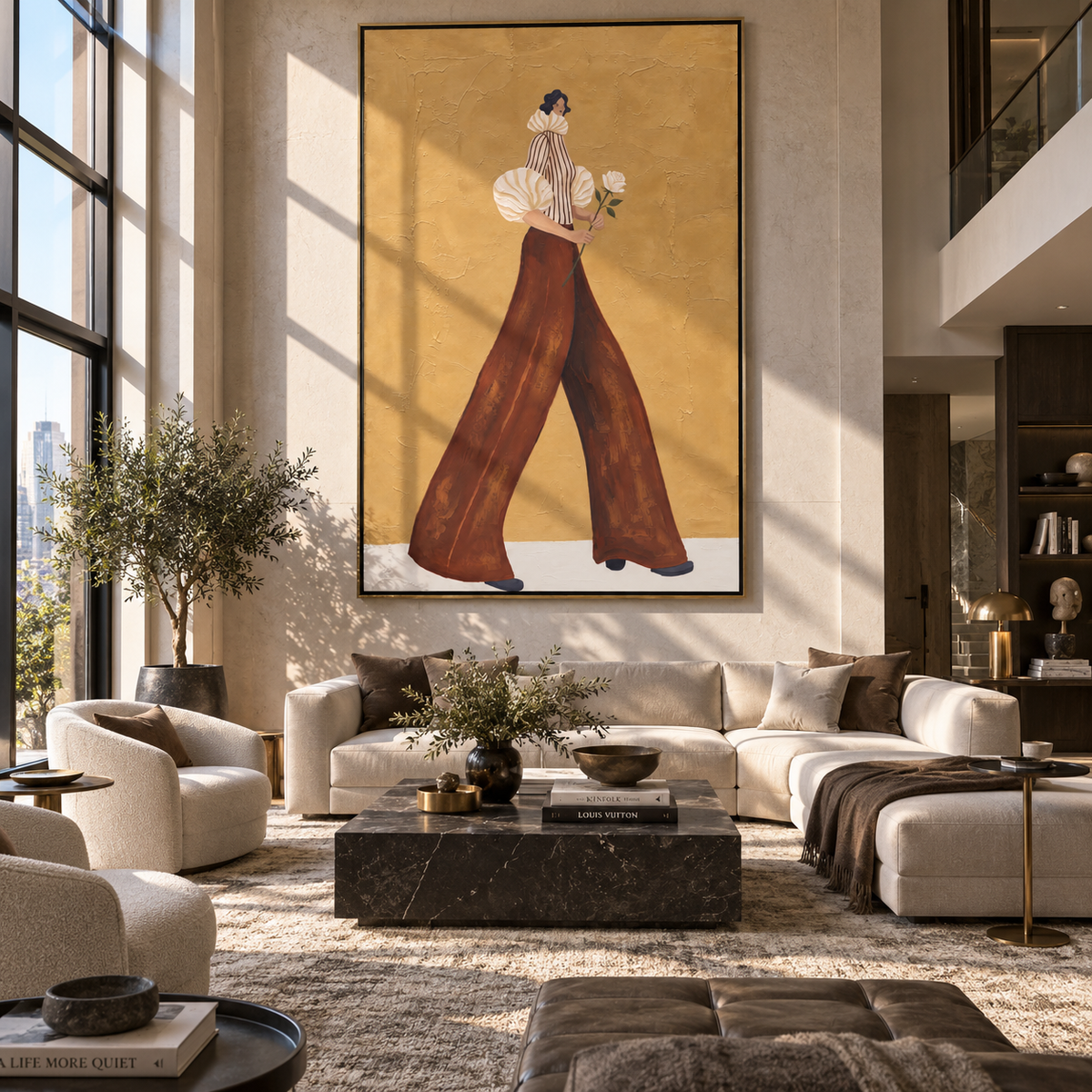 White Blooms Brown Trousers vertical painting styled as a refined focal point
