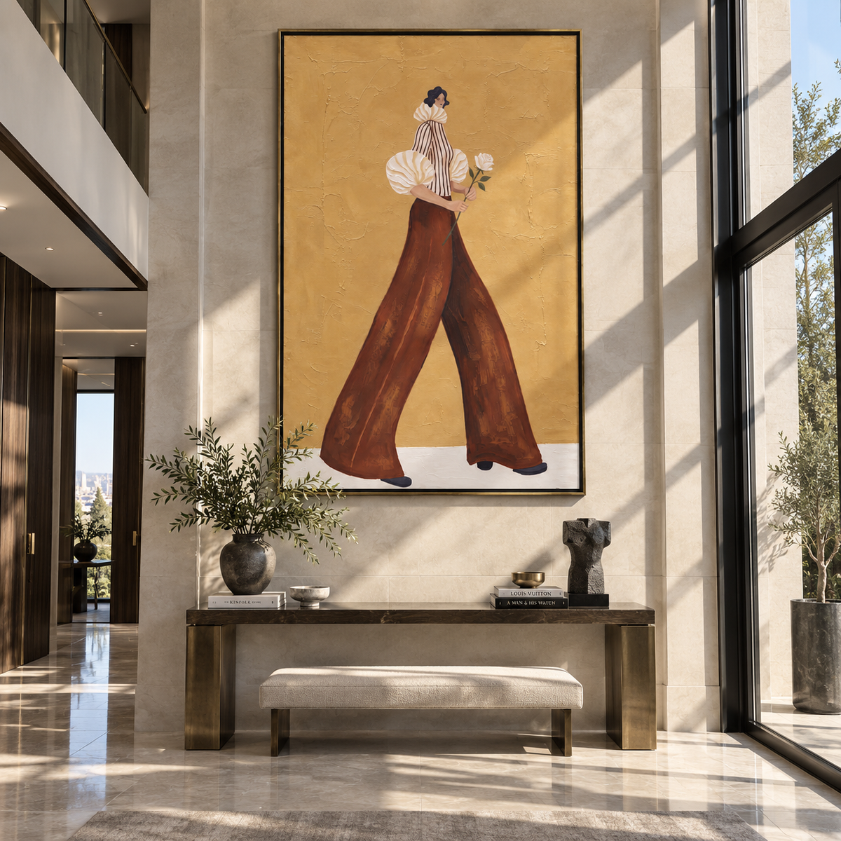 White Blooms Brown Trousers displayed with natural materials and modern decor