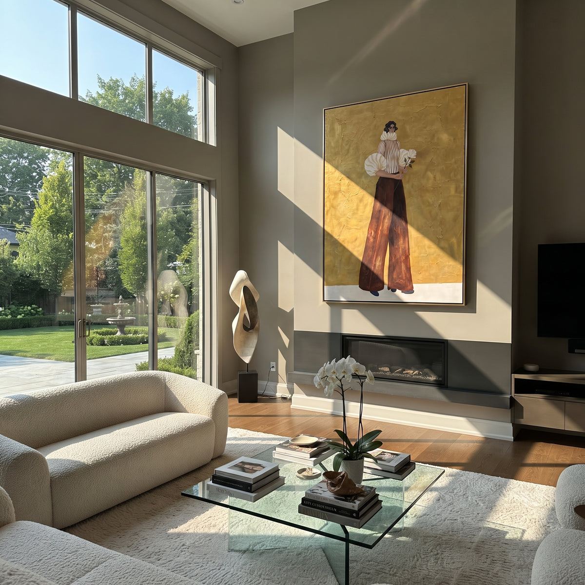 Flowers Held at Heart striped woman bouquet painting displayed in a modern interior