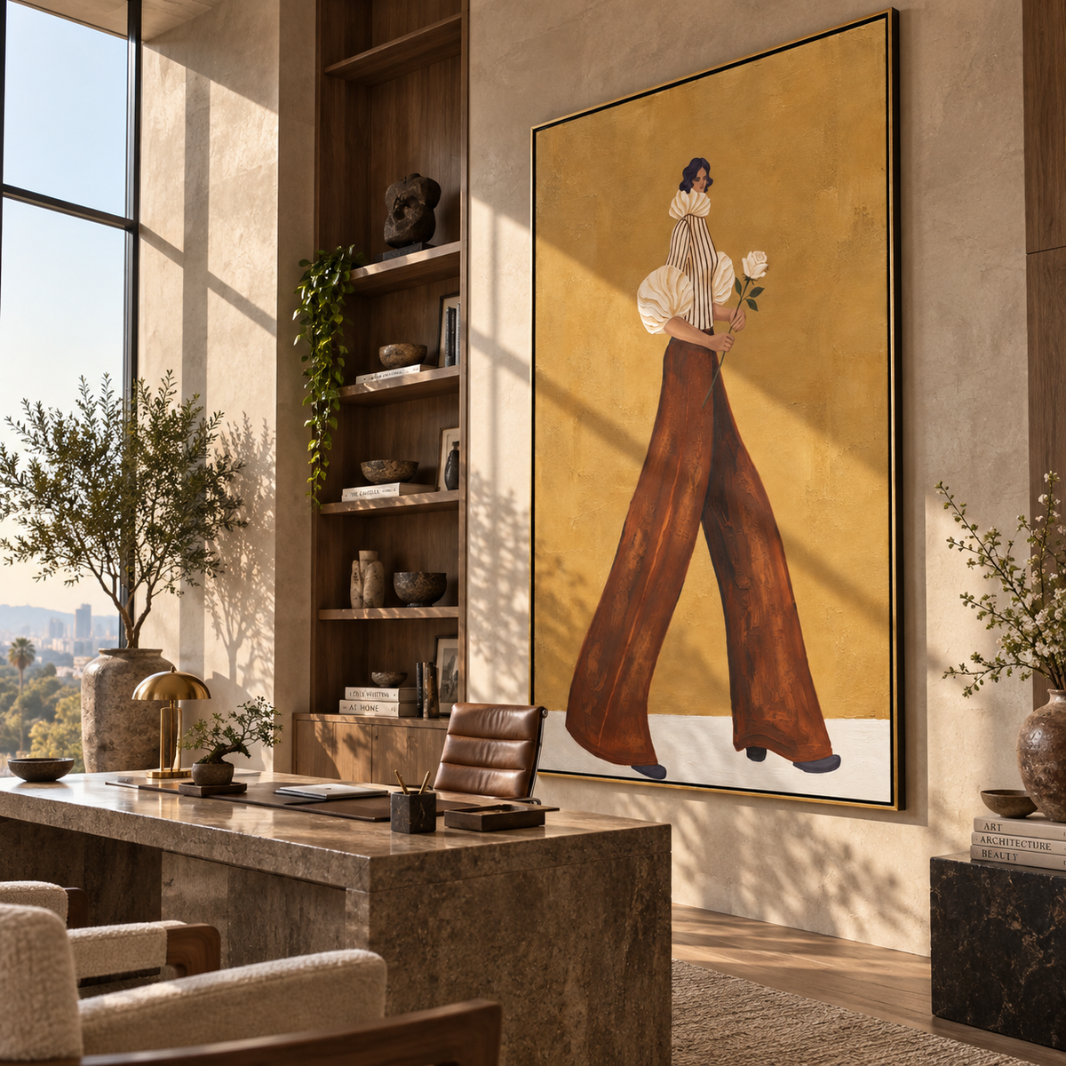 Ivory Bloom Quiet Walk fashion wall art shown above contemporary furnishings