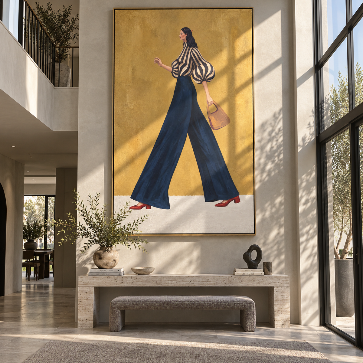 Navy Stride Tan Handbag vertical painting styled as a refined focal point