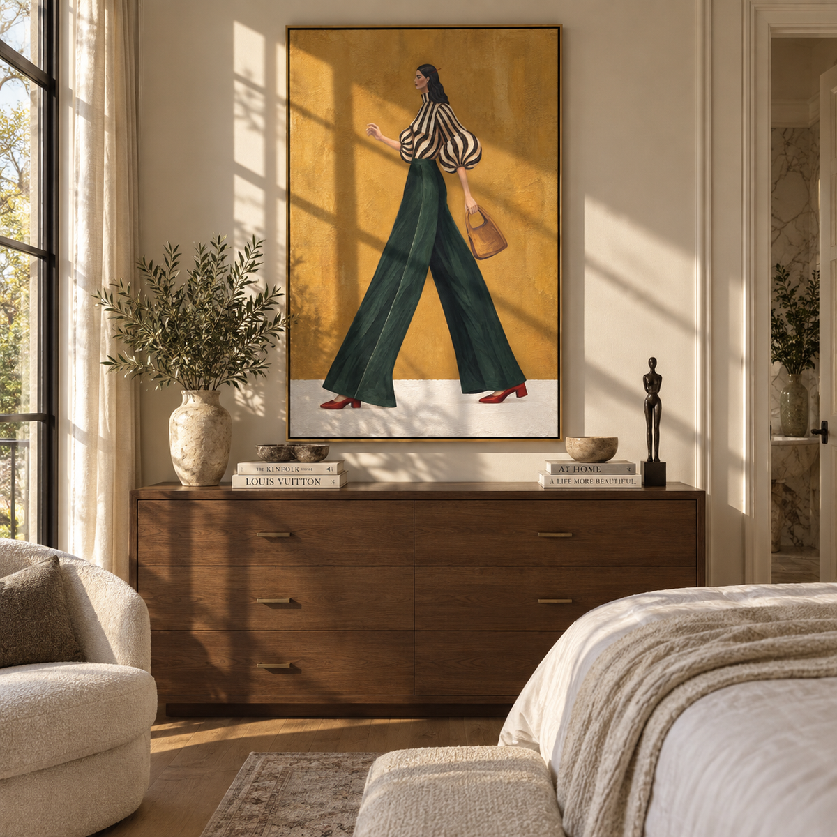 Forest Trousers City Walk striped woman in green painting displayed in a modern interior