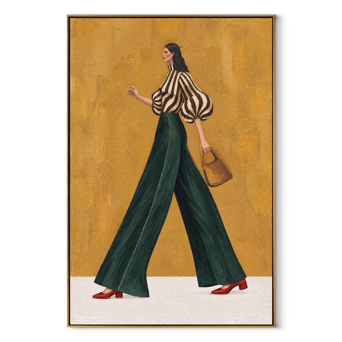 Forest Trousers City Walk vertical canvas artwork in a wood frame on white