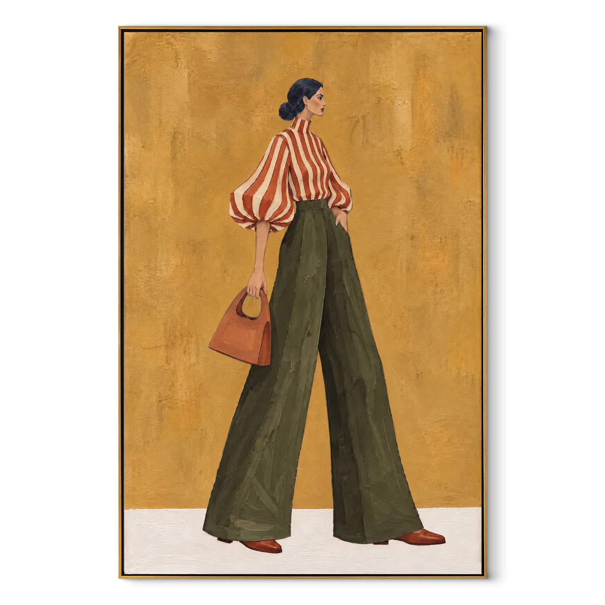 Scarlet Stripes Olive Walk vertical canvas artwork in a wood frame on white