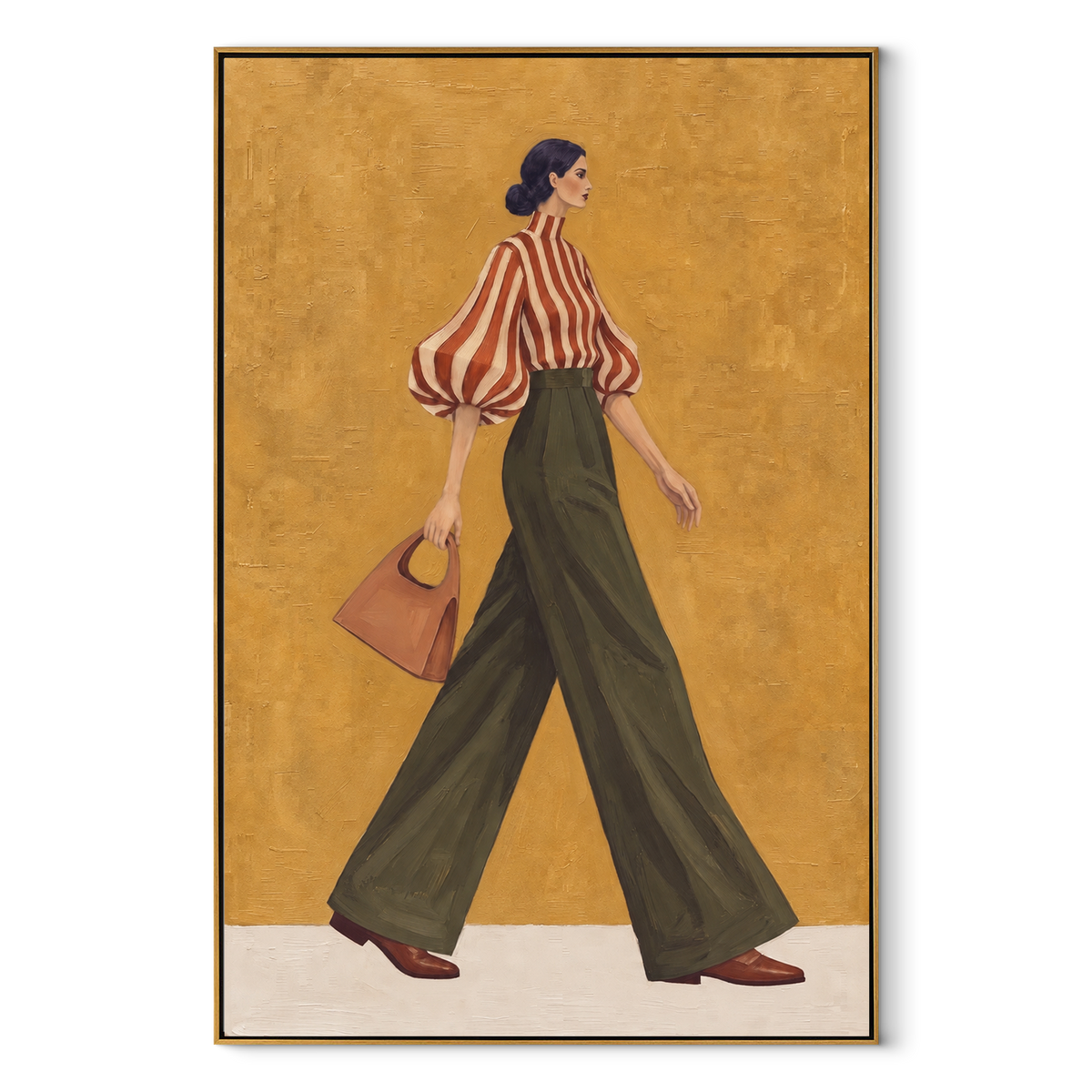 Red Stripes Green Passage vertical canvas artwork in a wood frame on white