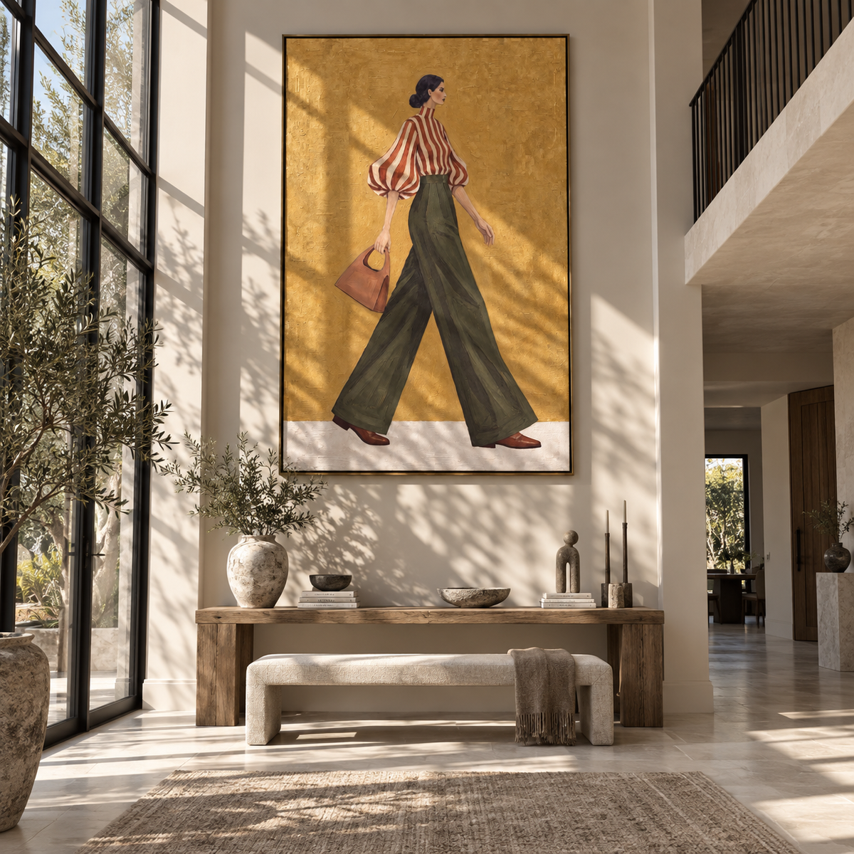 Red Stripes Green Passage displayed with natural materials and modern decor