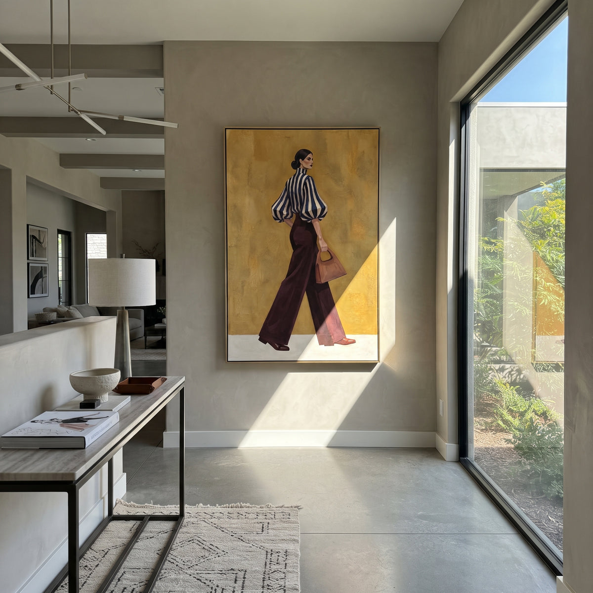 Blue Stripes Burgundy Walk woman in burgundy trousers painting displayed in a modern interior