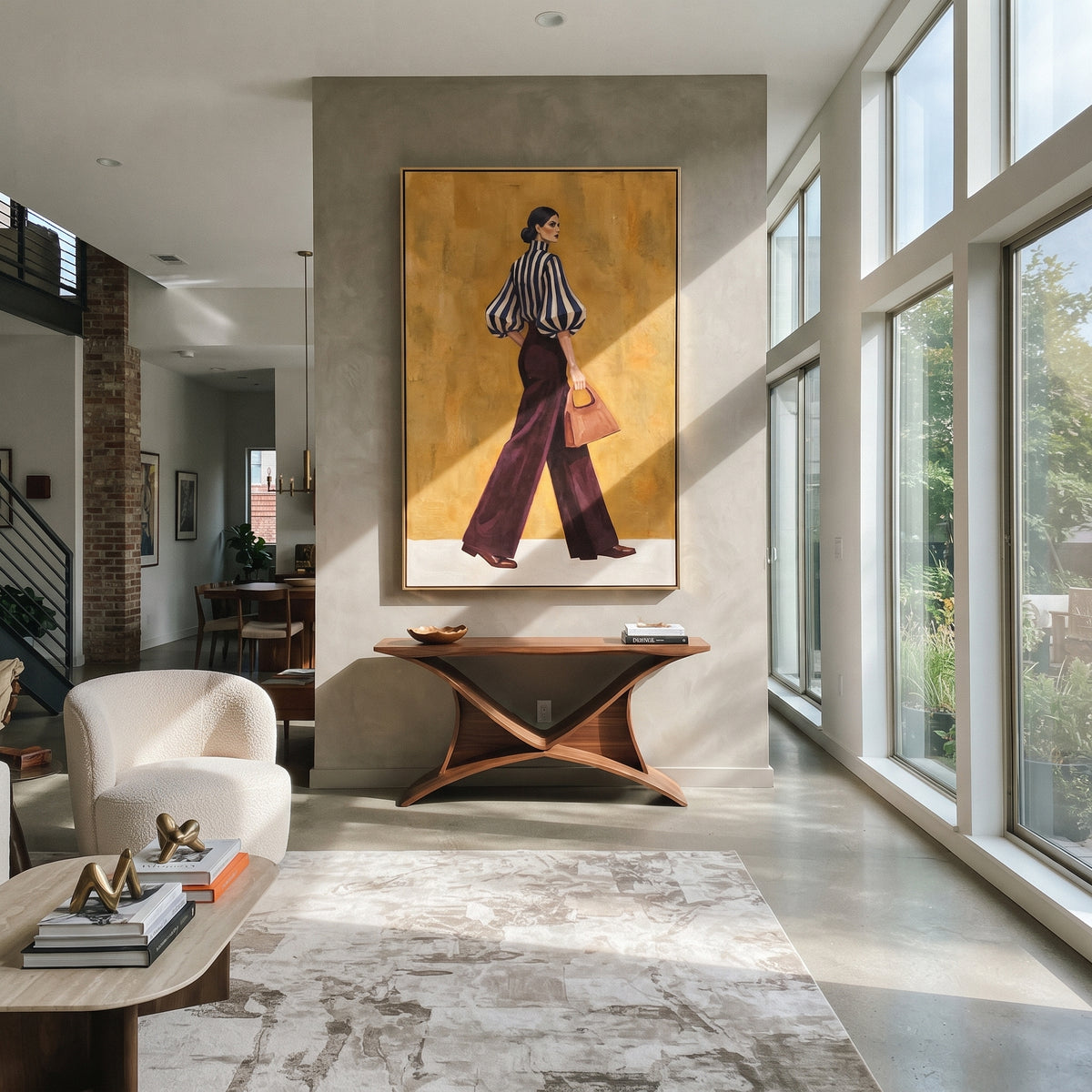 Blue Stripes Burgundy Walk fashion wall art shown above contemporary furnishings