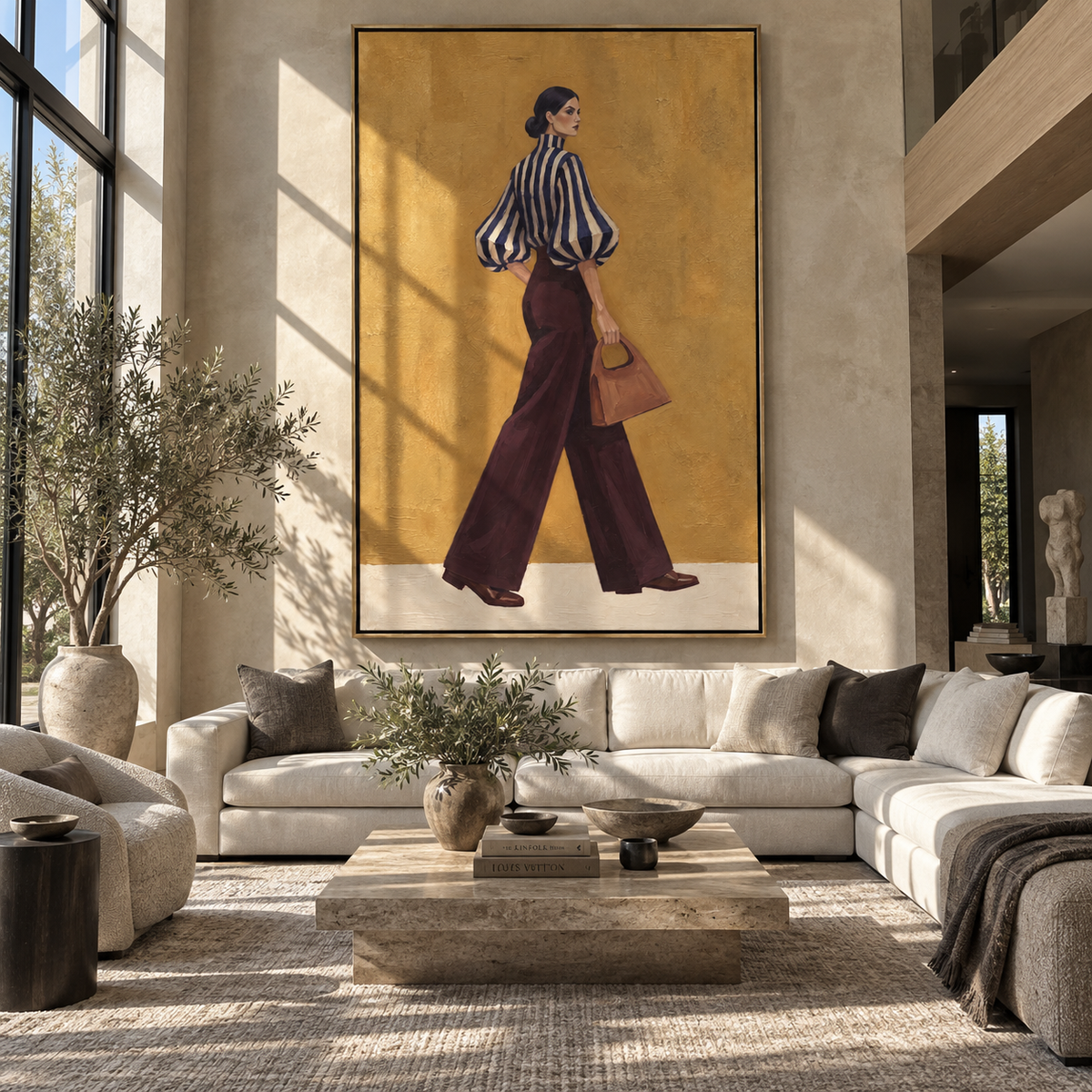 Blue Stripes Burgundy Walk vertical painting styled as a refined focal point