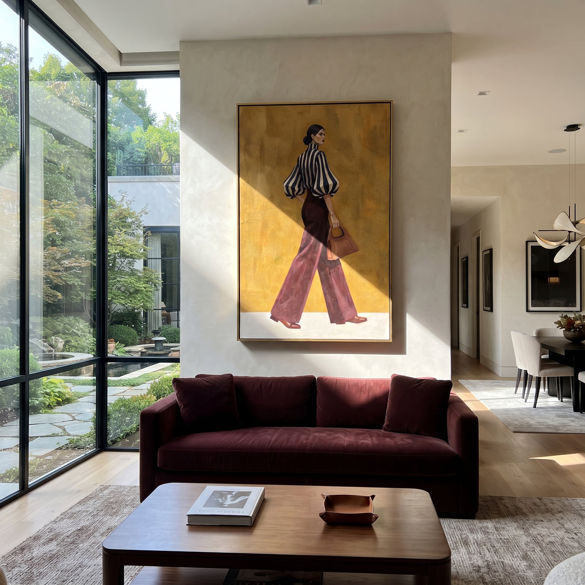 Blue Stripes Burgundy Walk displayed with natural materials and modern decor