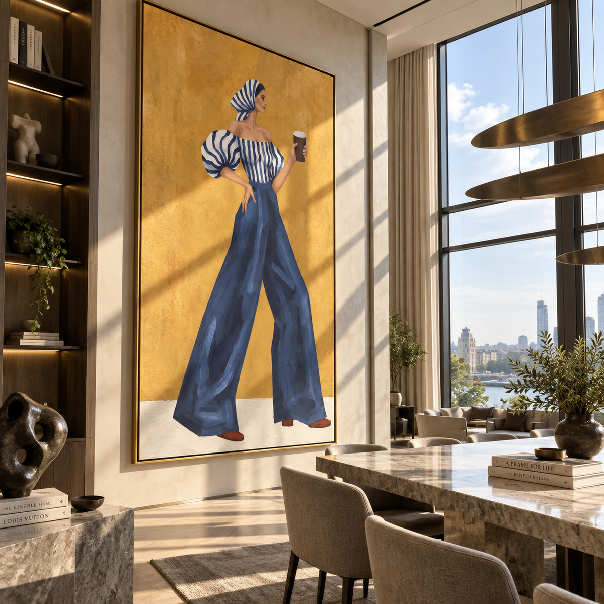 Coffee Beneath Blue Stripes fashion wall art shown above contemporary furnishings