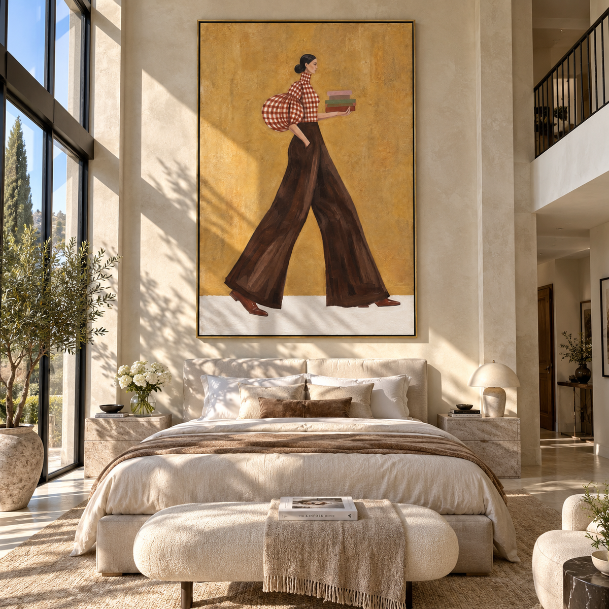 Books Across Ochre Steps vertical painting styled as a refined focal point