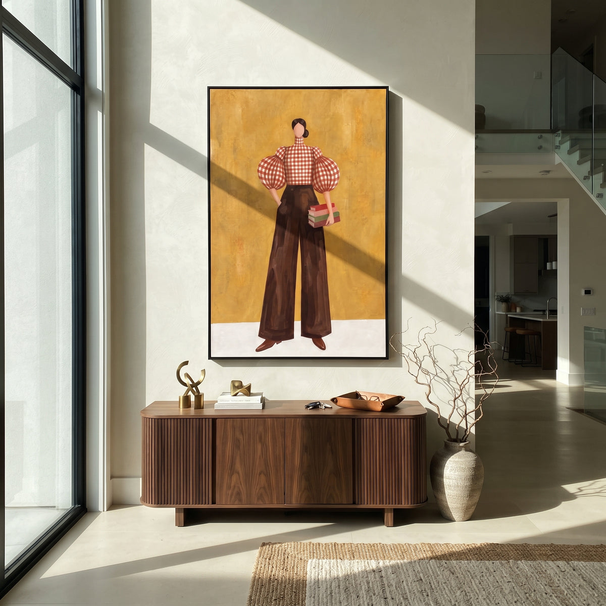 Checkered Poise with Books retro woman holding books painting displayed in a modern interior