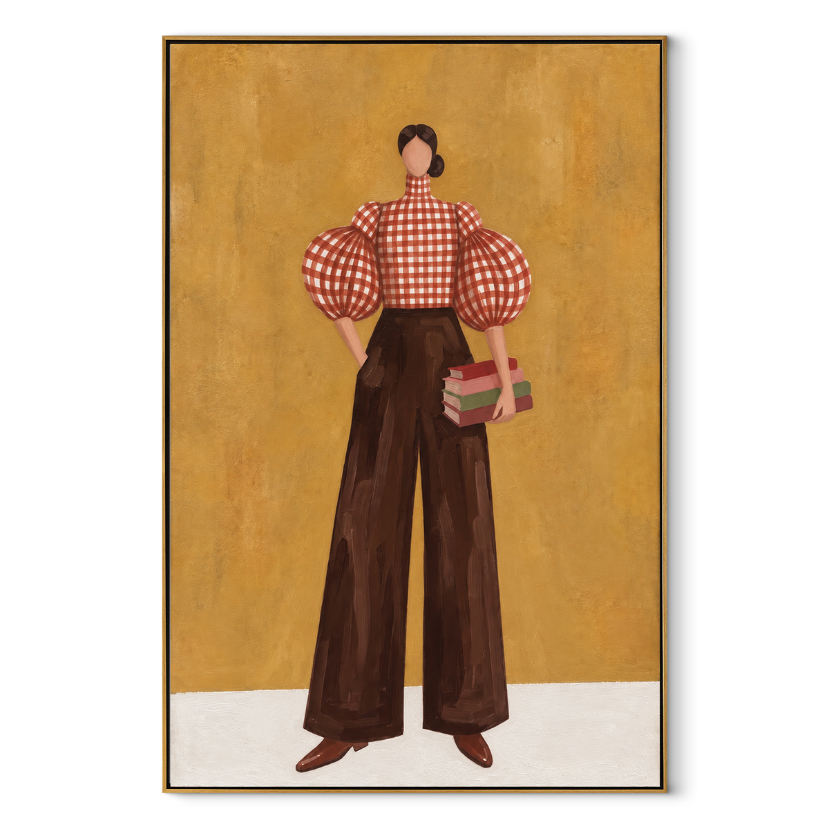 Checkered Poise with Books vertical canvas artwork in a wood frame on white