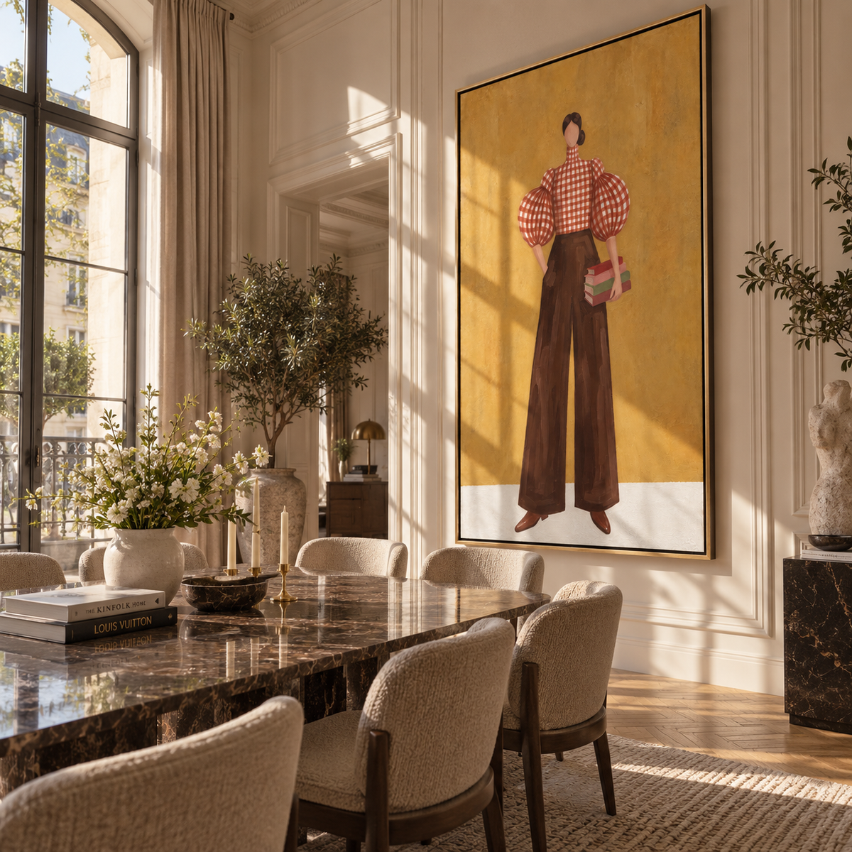 Checkered Poise with Books presented in an alternate room setting
