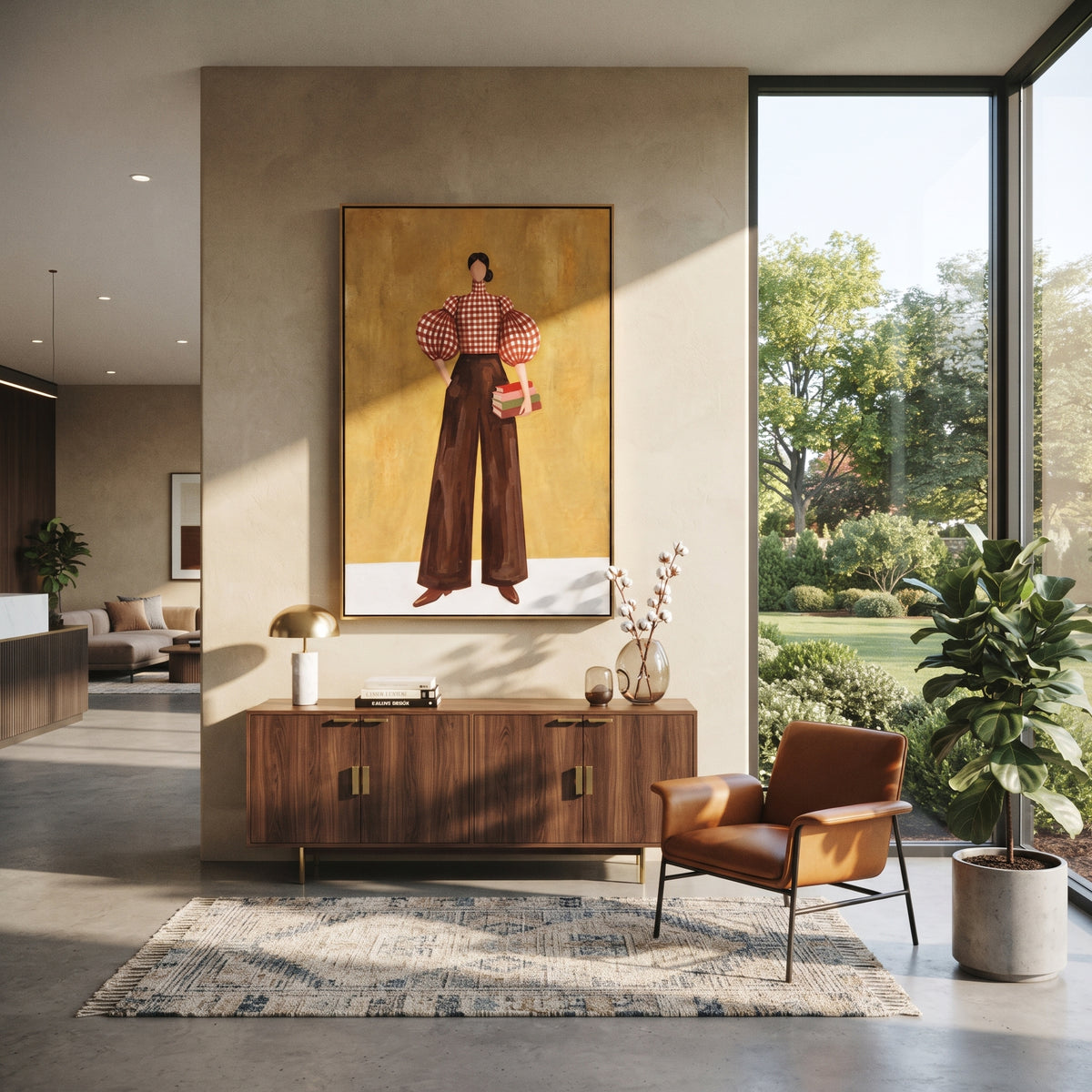 Checkered Poise with Books displayed with natural materials and modern decor