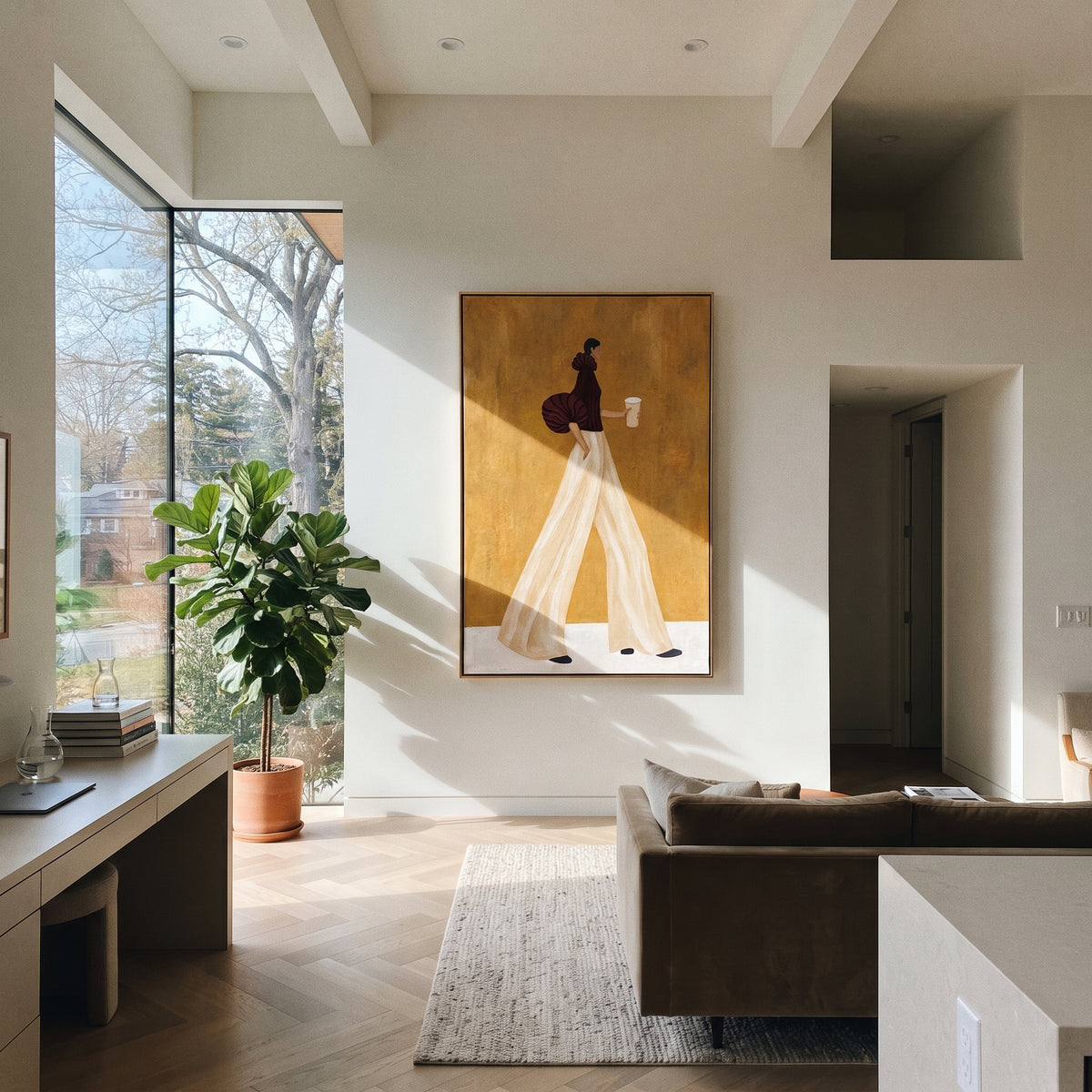 Ivory Trousers Coffee Walk displayed with natural materials and modern decor
