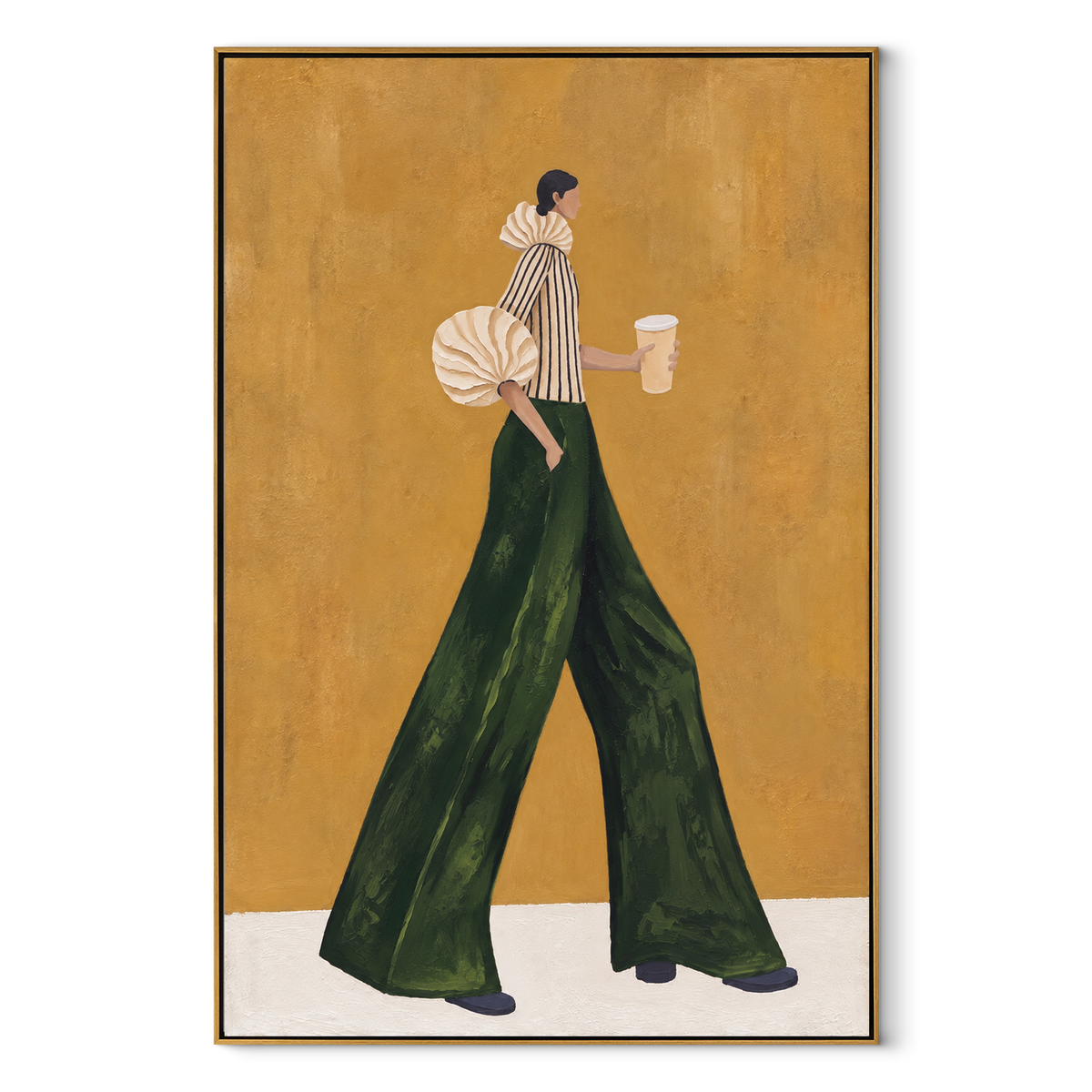 Green Trousers Coffee Passage vertical canvas artwork in a wood frame on white
