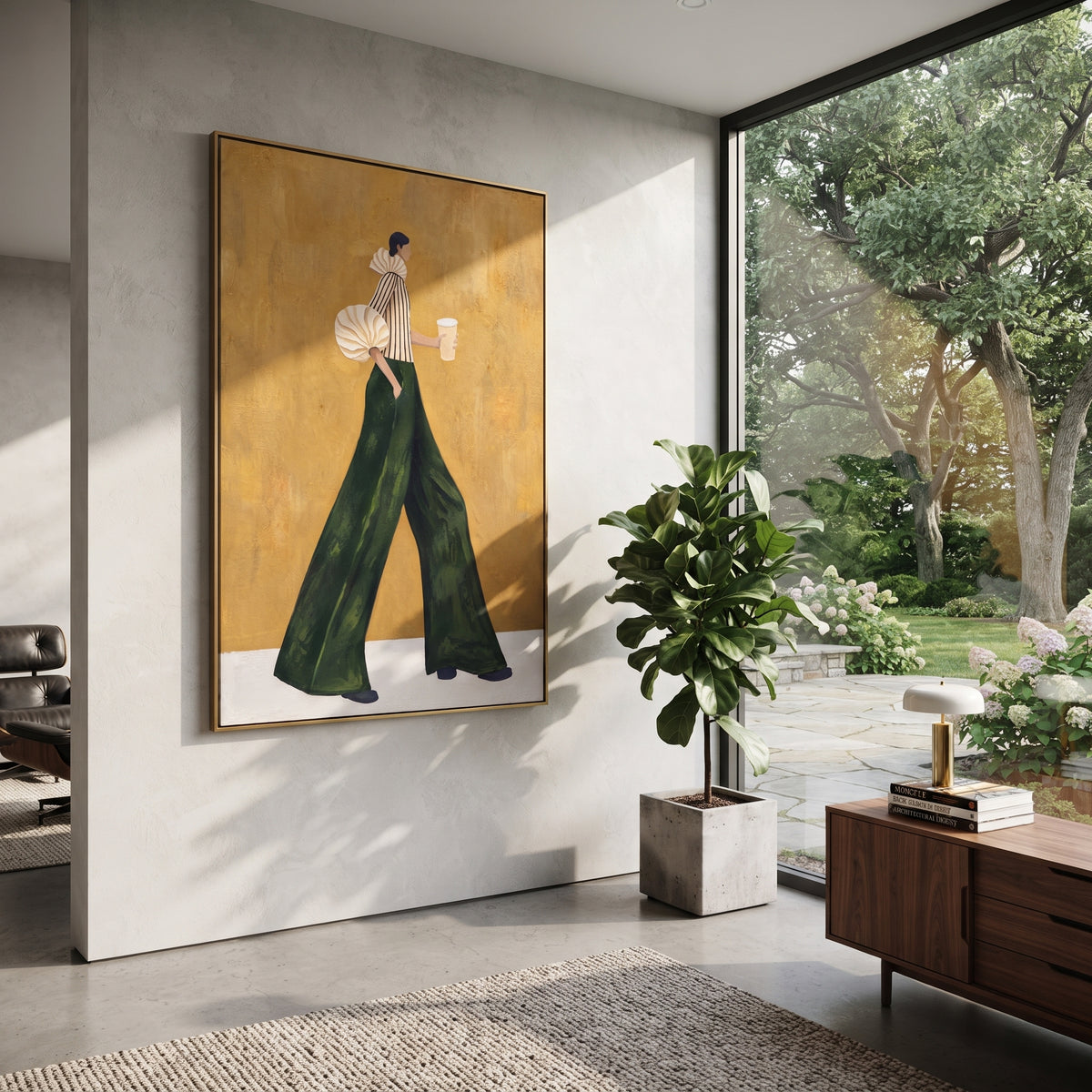 Green Trousers Coffee Passage vertical painting styled as a refined focal point