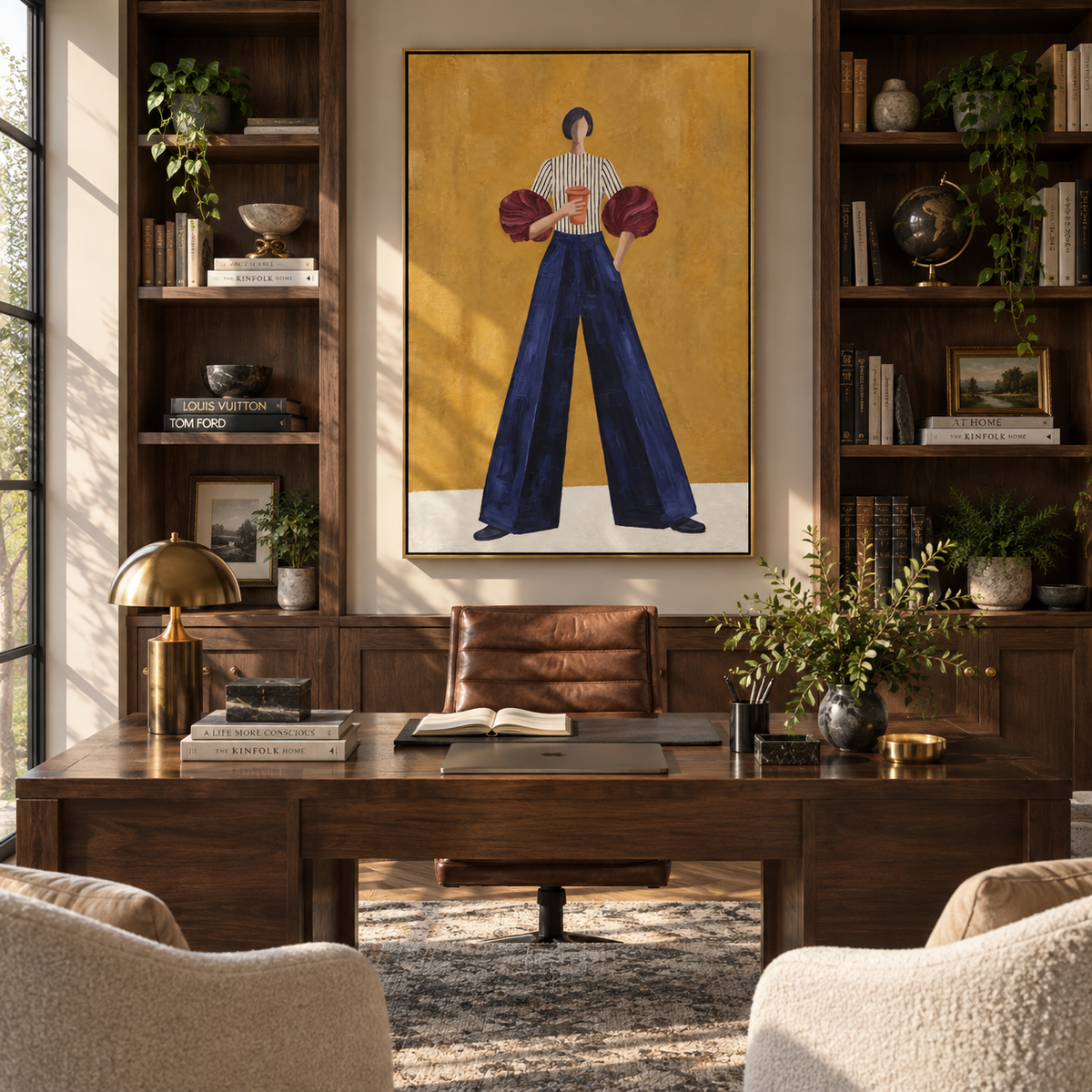 Burgundy Sleeves Blue Poise fashion wall art shown above contemporary furnishings