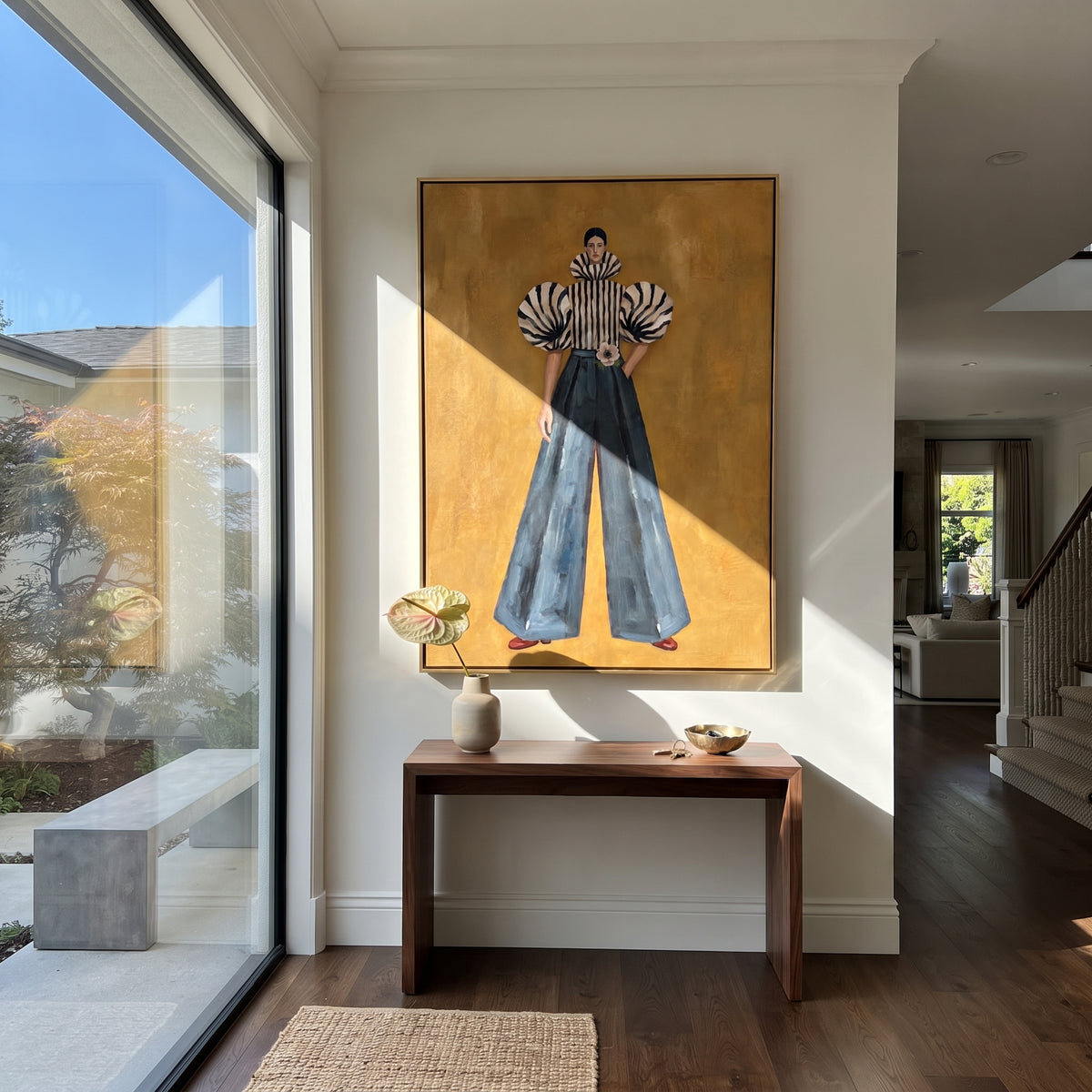 Camera Framed by Stripes striped woman with camera painting displayed in a modern interior