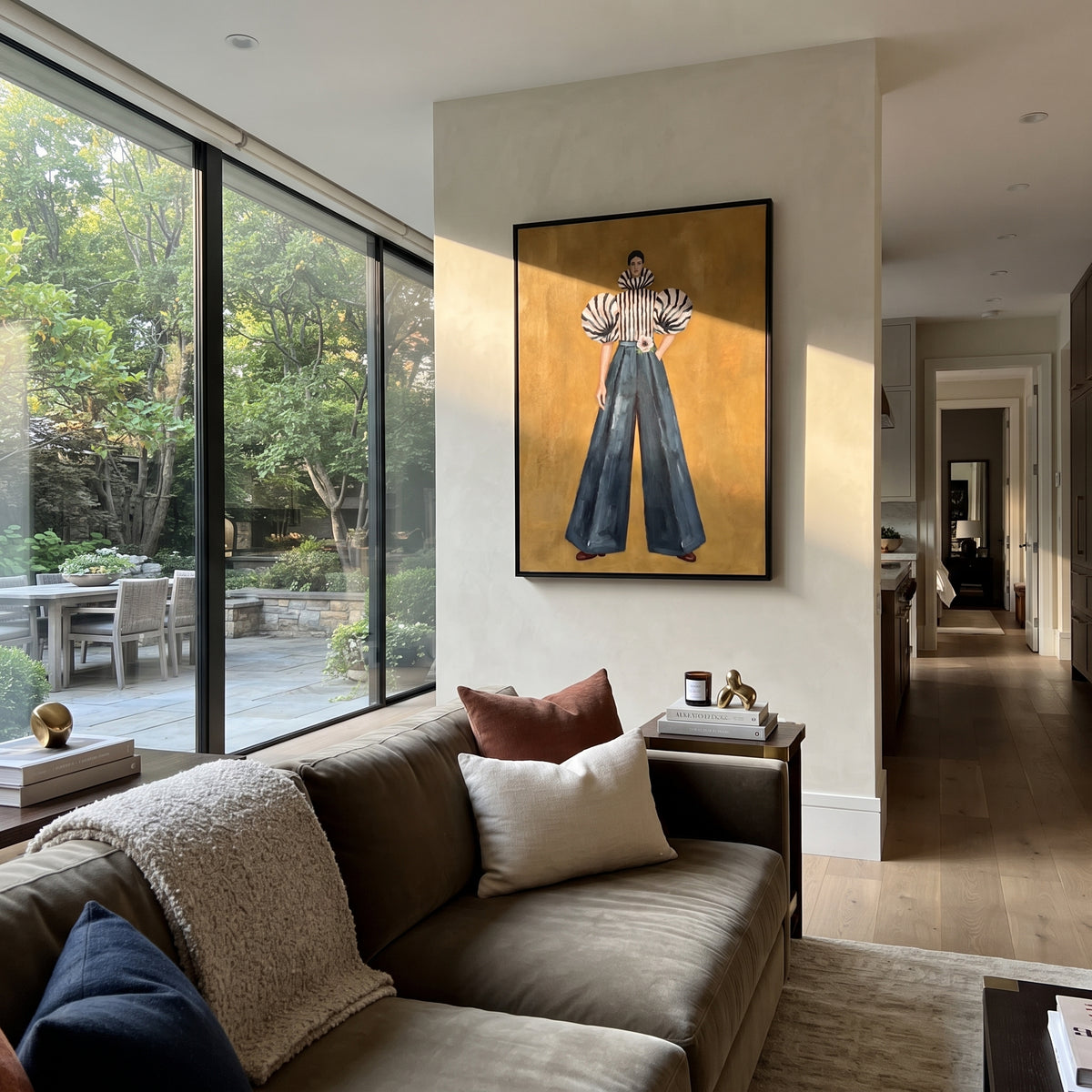 Camera Framed by Stripes fashion wall art shown above contemporary furnishings