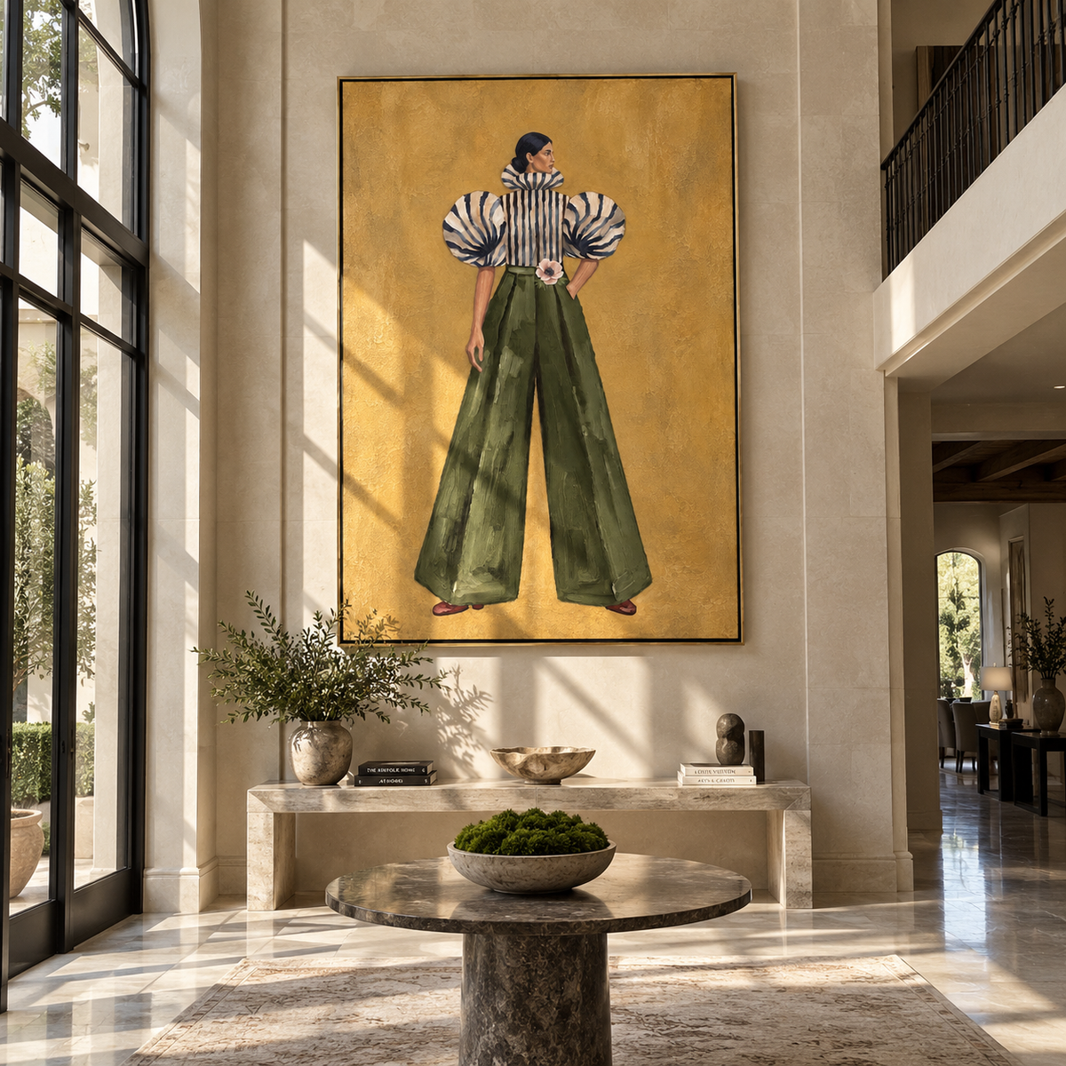 Green Poise Black Stripes fashion wall art shown above contemporary furnishings