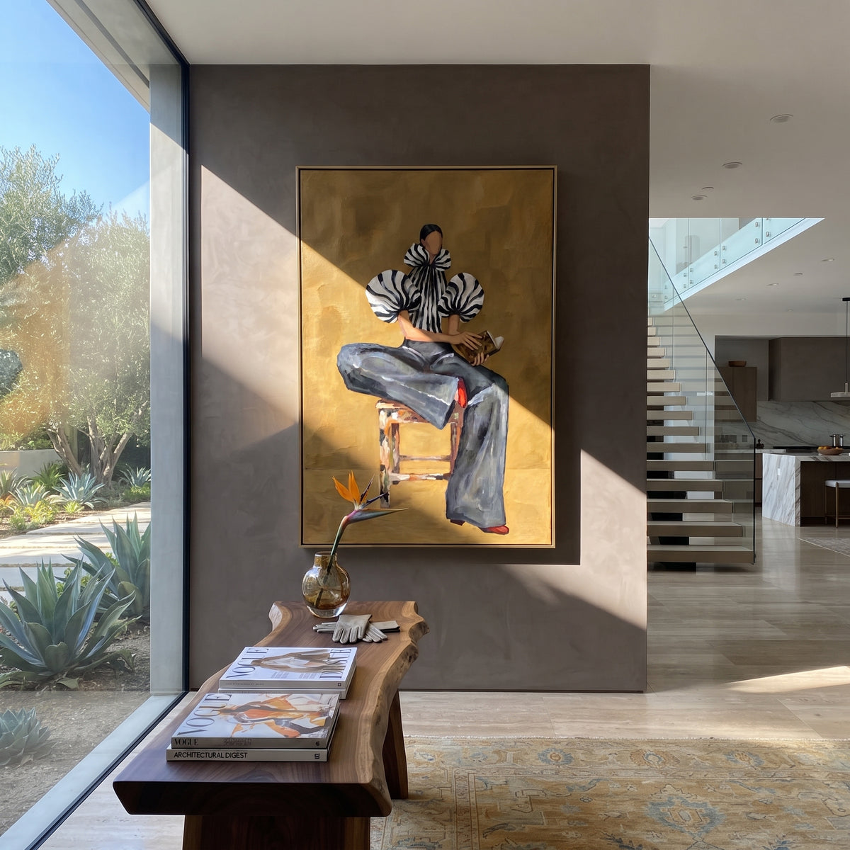 Seated Stripes Creative Pause vertical painting styled as a refined focal point