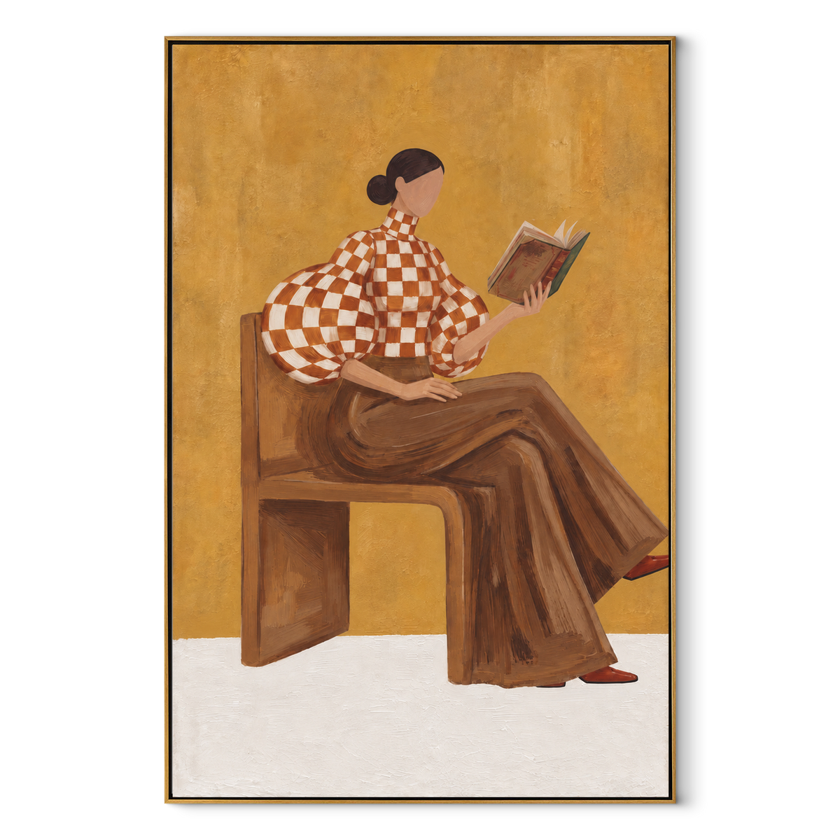 Checkered Pages Quiet Afternoon vertical canvas artwork in a wood frame on white
