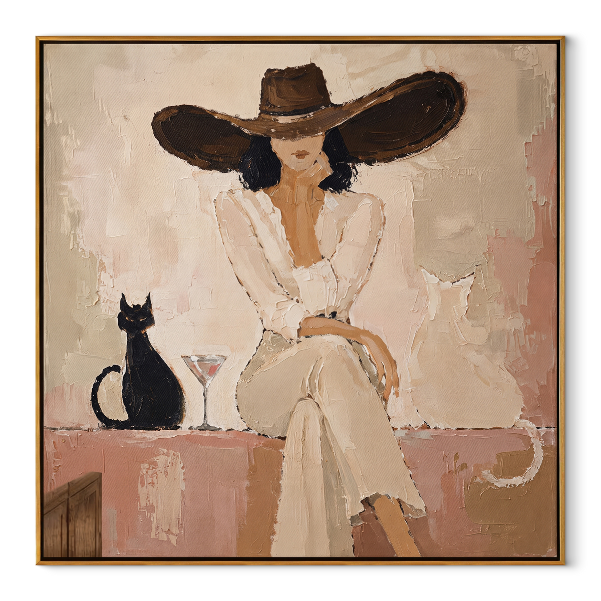 Ivory Hat Cat Pause square painting in a wood frame on a white background