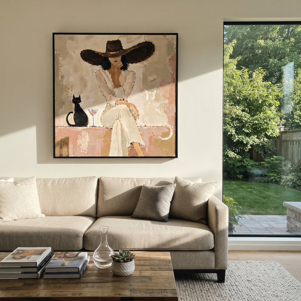 Ivory Hat Cat Pause wall art shown above contemporary furnishings